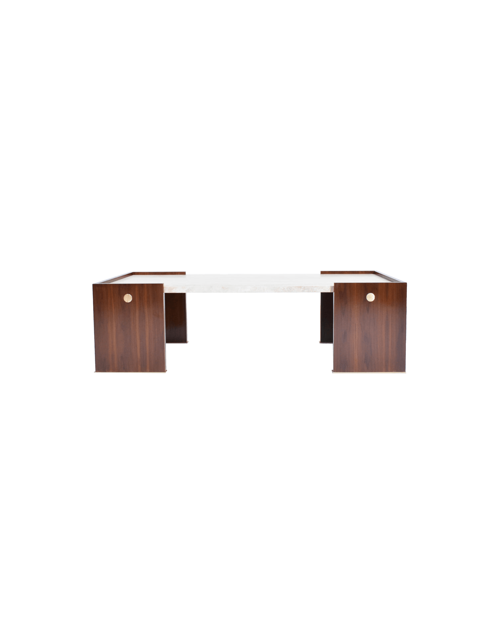 Villandry Coffee Table by Barracuda Interiors – veined stone top on dark wood base with circular gold metal accents