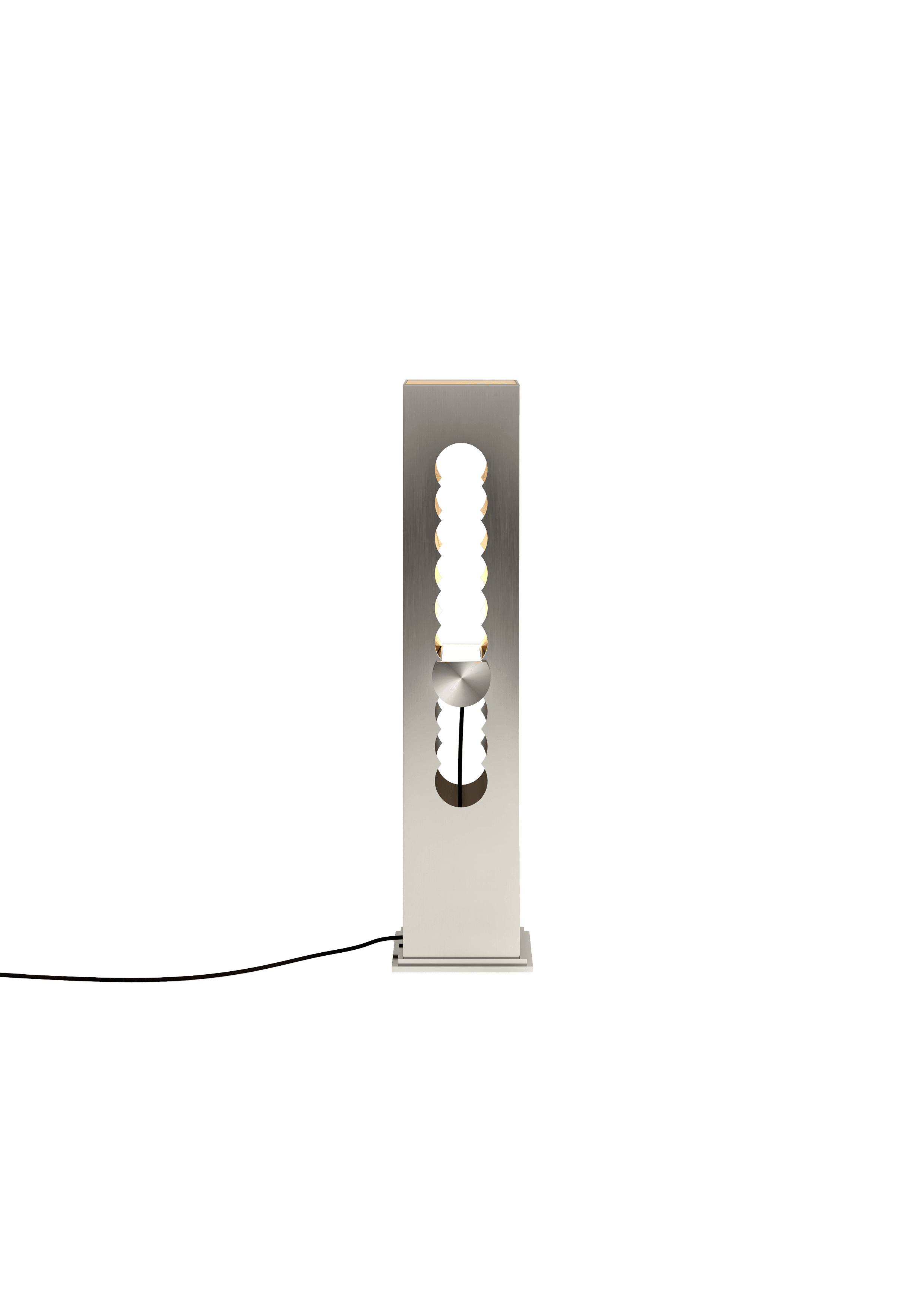 NAGOT CAPTIVE floor lamp, brushed silver-grey metal with geometric cutouts and warm gold ambient glow, Italian design