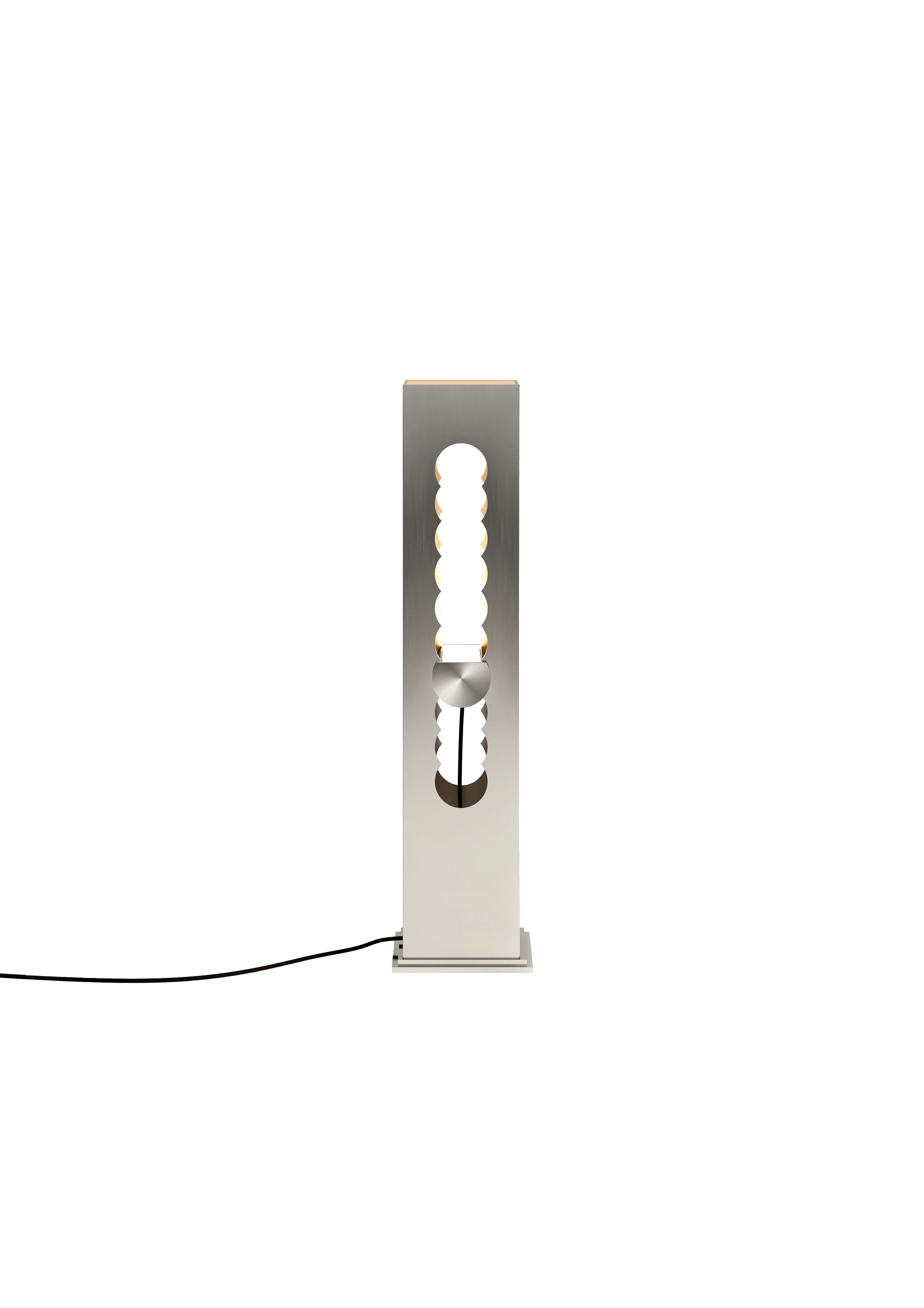NAGOT CAPTIVE floor lamp, brushed silver-grey metal with geometric cutouts and warm gold ambient glow, Italian design
