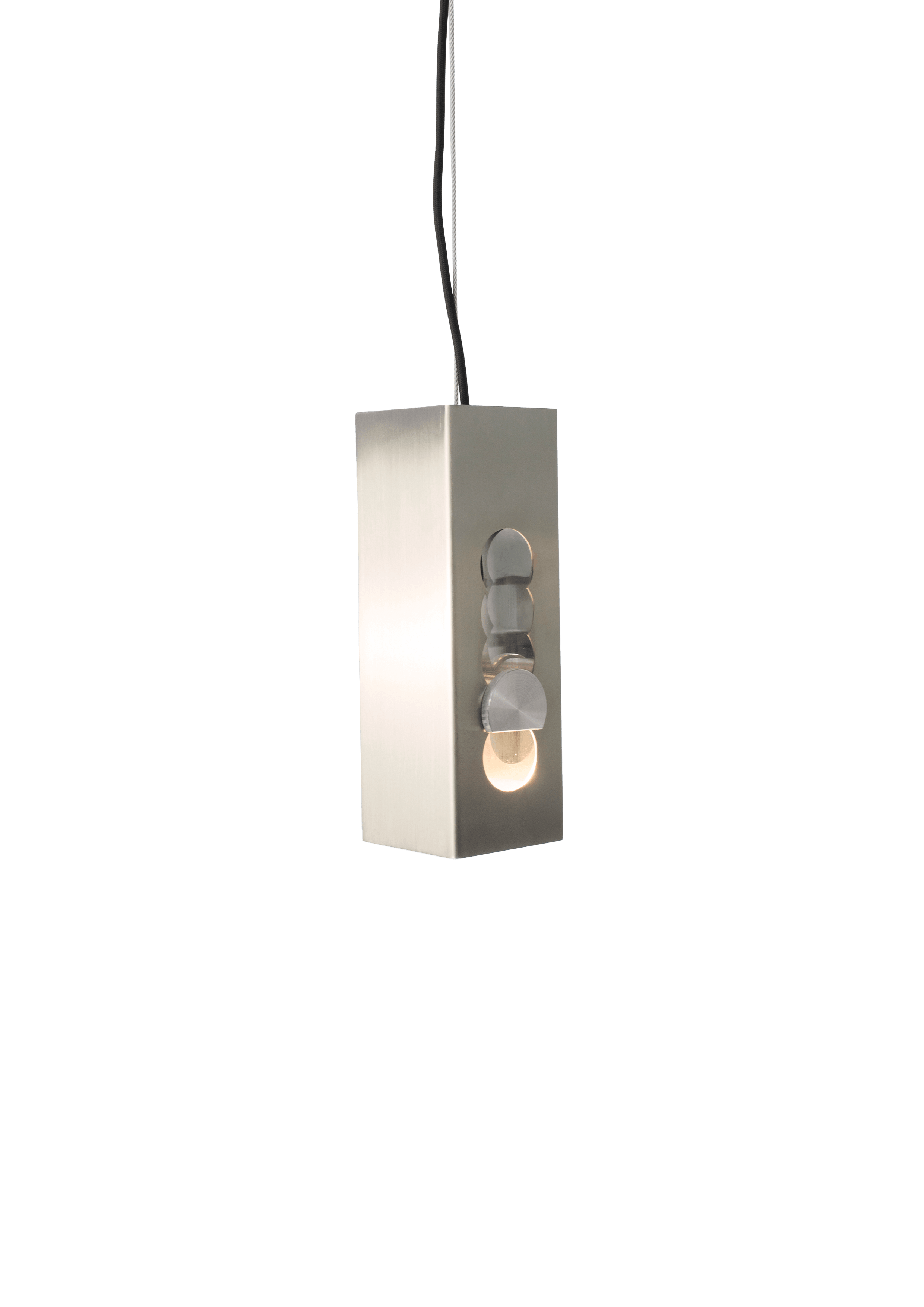 NAGOT CAPTIVE pendant lamp in brushed silver metal with circular cutouts and warm bulb reveal, Italian contemporary lighting