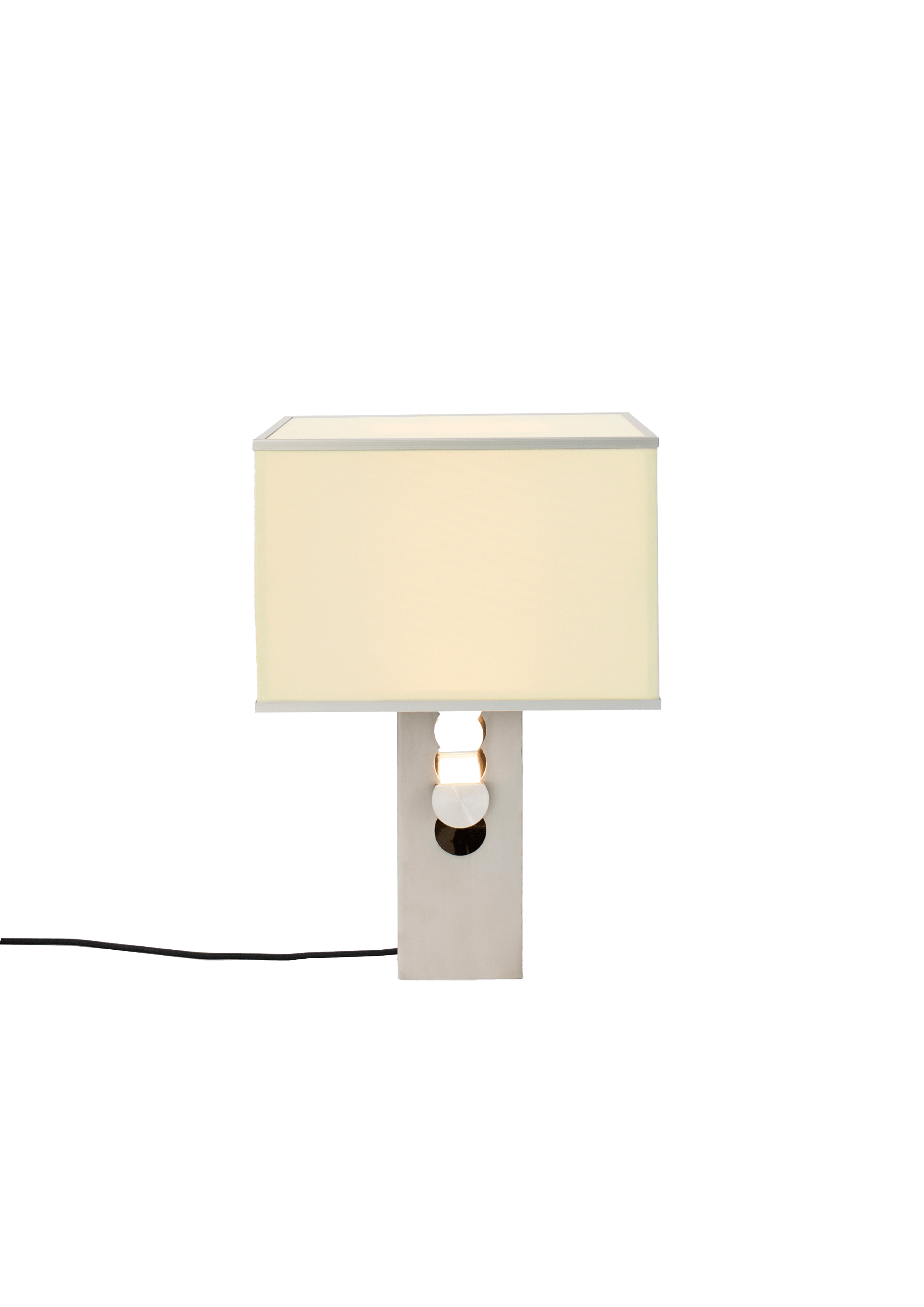 NAGOT CAPTIVE table lamp with geometric column base and warm fabric shade, Italian contemporary lighting design