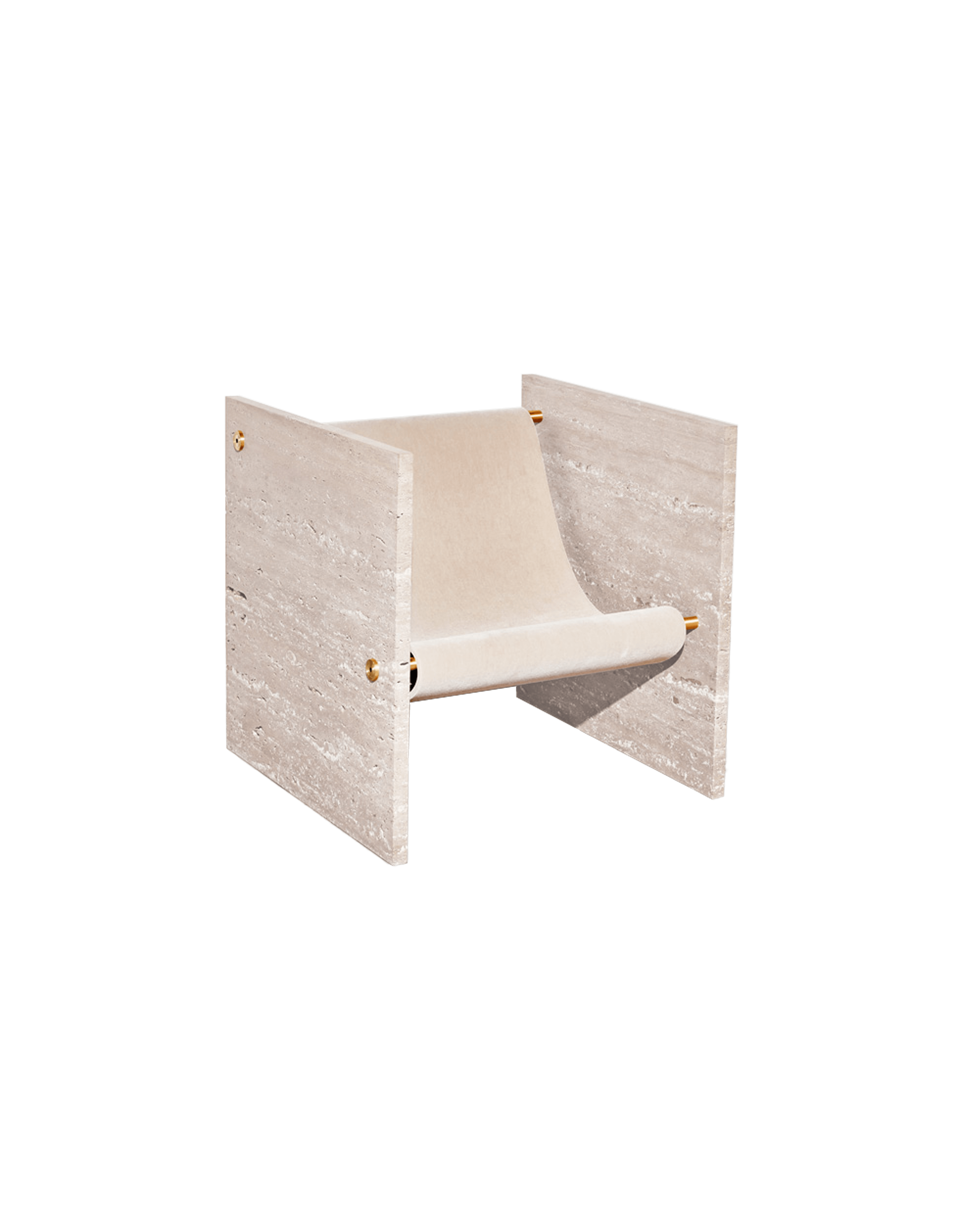 Adri Chair in travertine with gold-hardware sling seat by Slash Objects, minimalist lounge chair, Coexist collection
