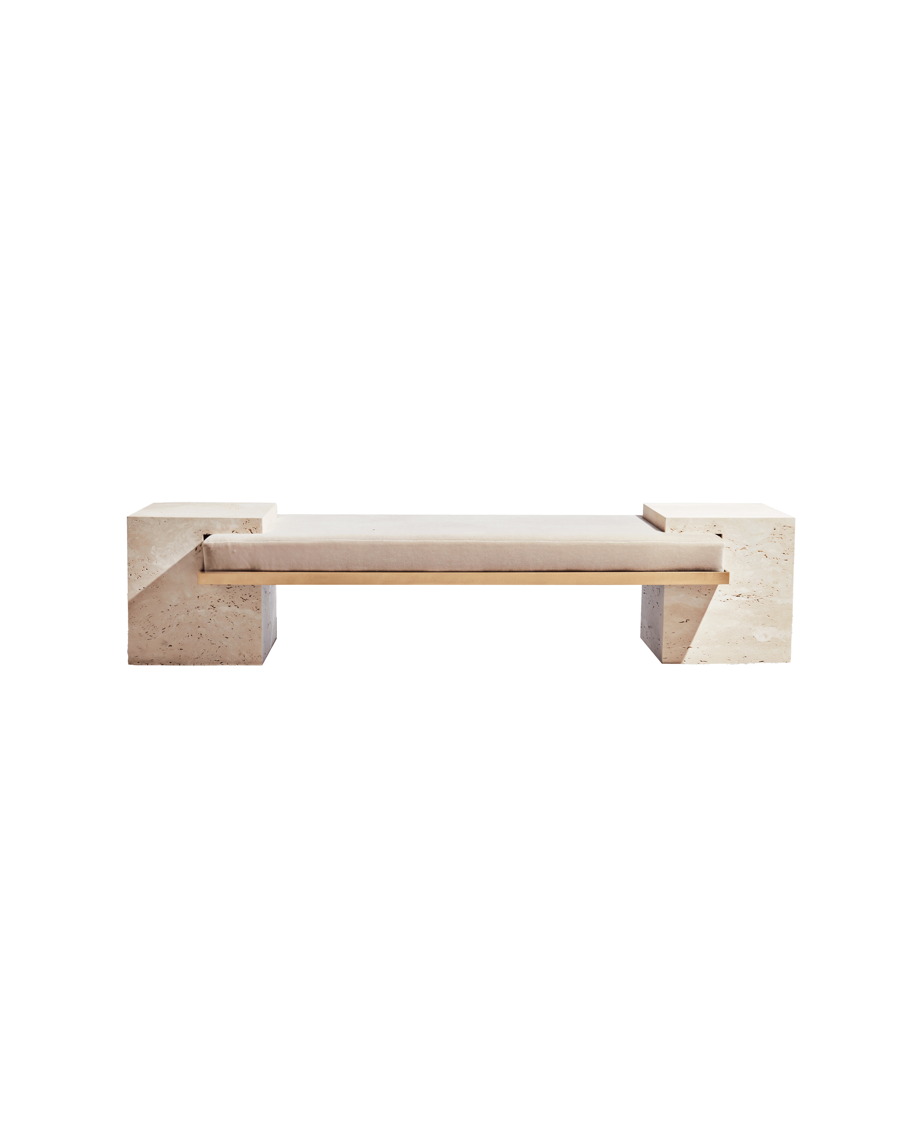 Coexist Bench in travertine and wood by Slash Objects, minimalist low bench with cushioned seat, Coexist collection