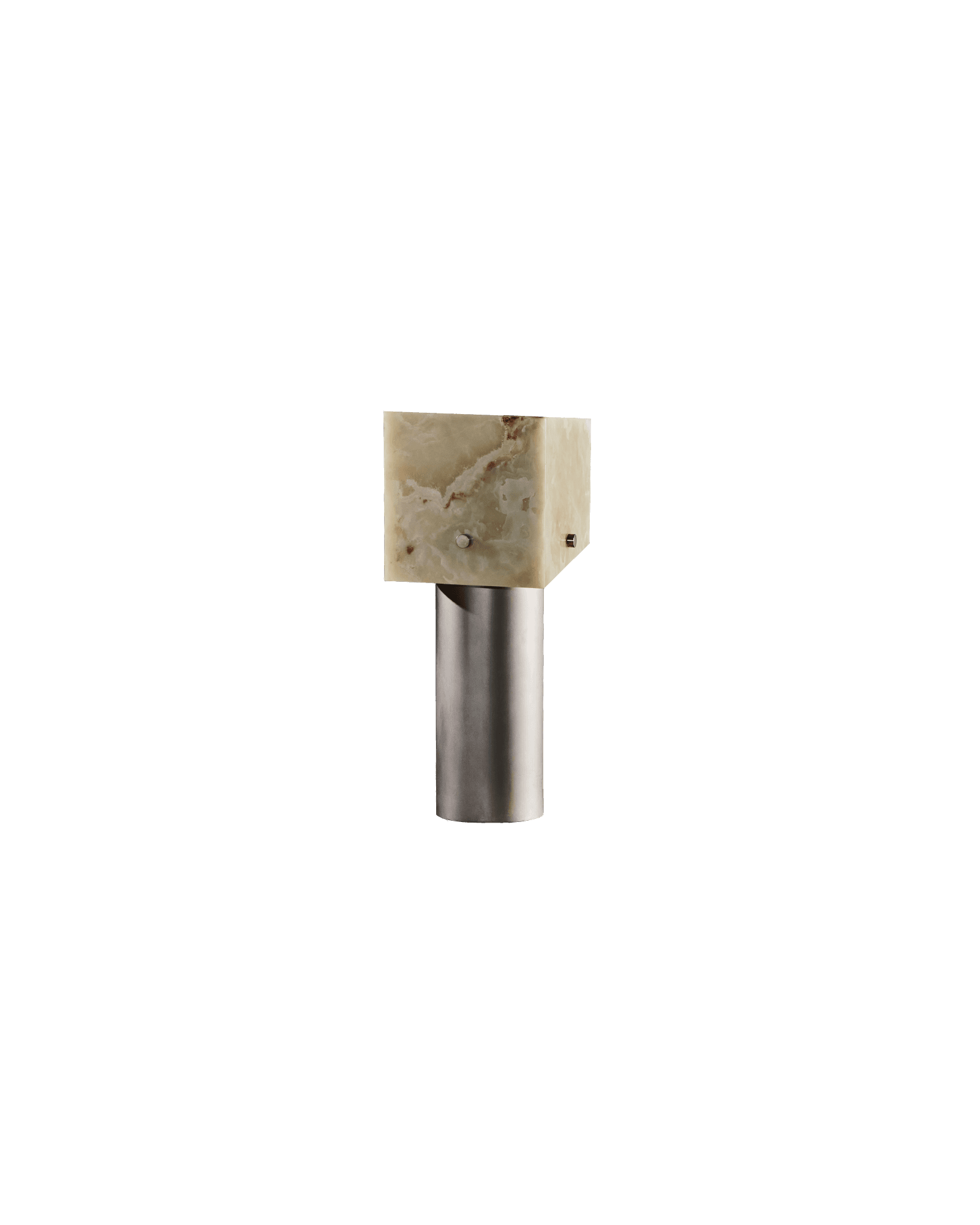 Mada Table Lamp in green onyx and brushed metal by Slash Objects, block-on-pillar table lamp, Coexist collection
