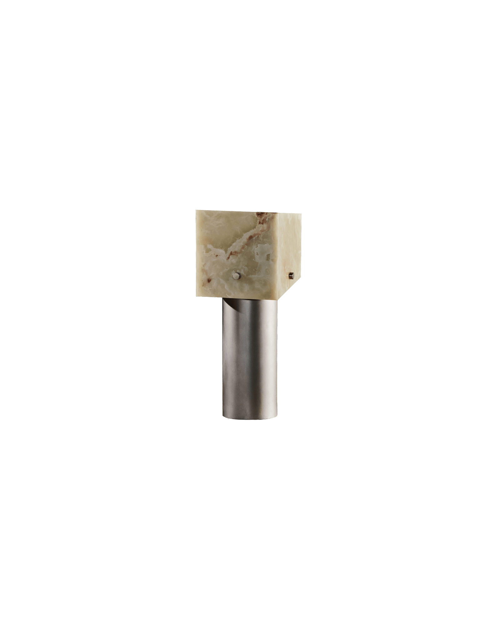 Mada Table Lamp in green onyx and brushed metal by Slash Objects, block-on-pillar table lamp, Coexist collection