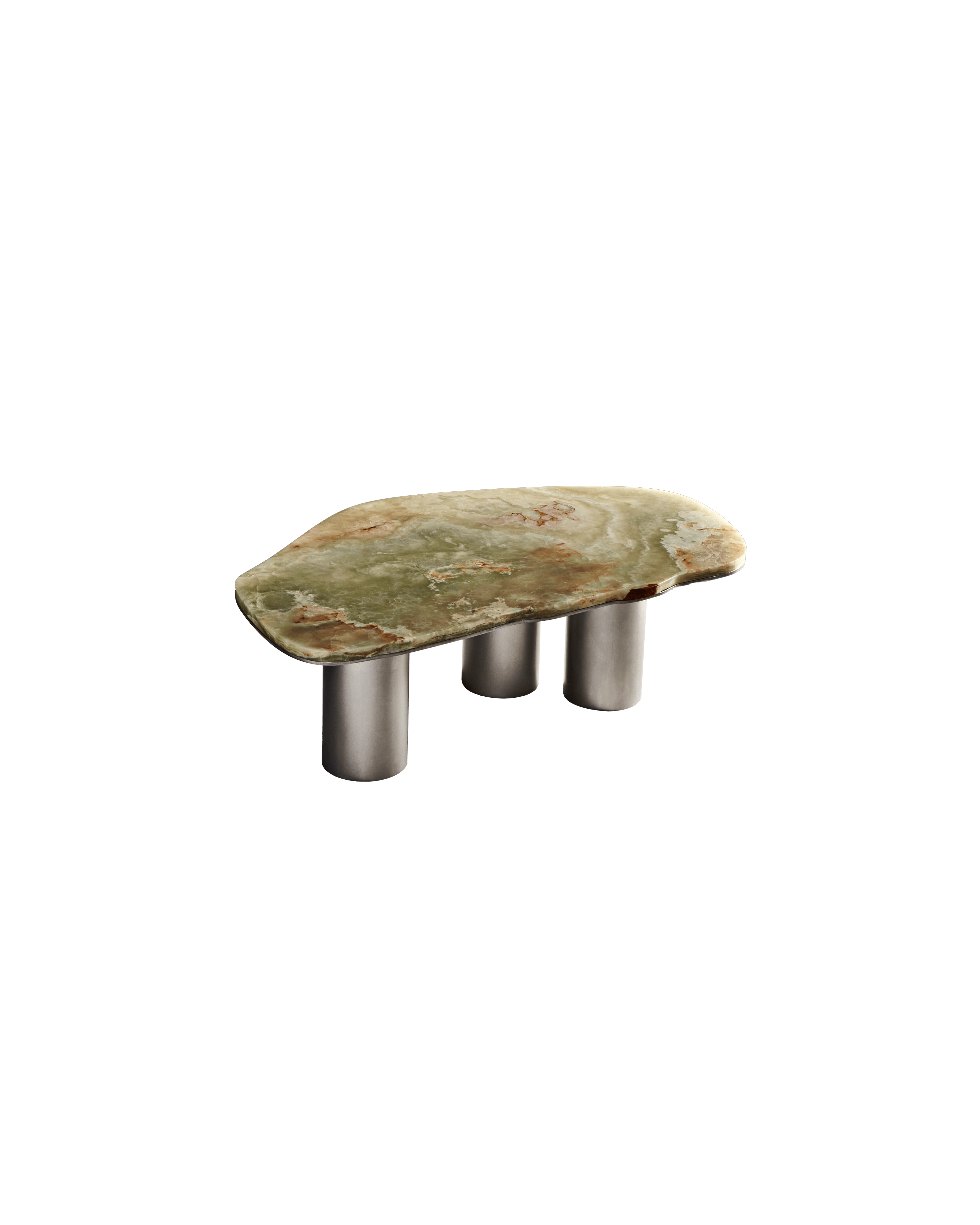 Oni Coffee Table in variegated stone by Slash Objects, organic irregular top on brushed metal legs, Coexist collection