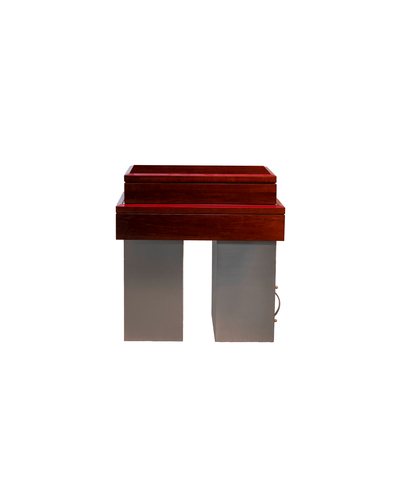 Elsa liquor cabinet, dark wood top and grey metal bases, Collection 01 by Studio Akademos AD 100