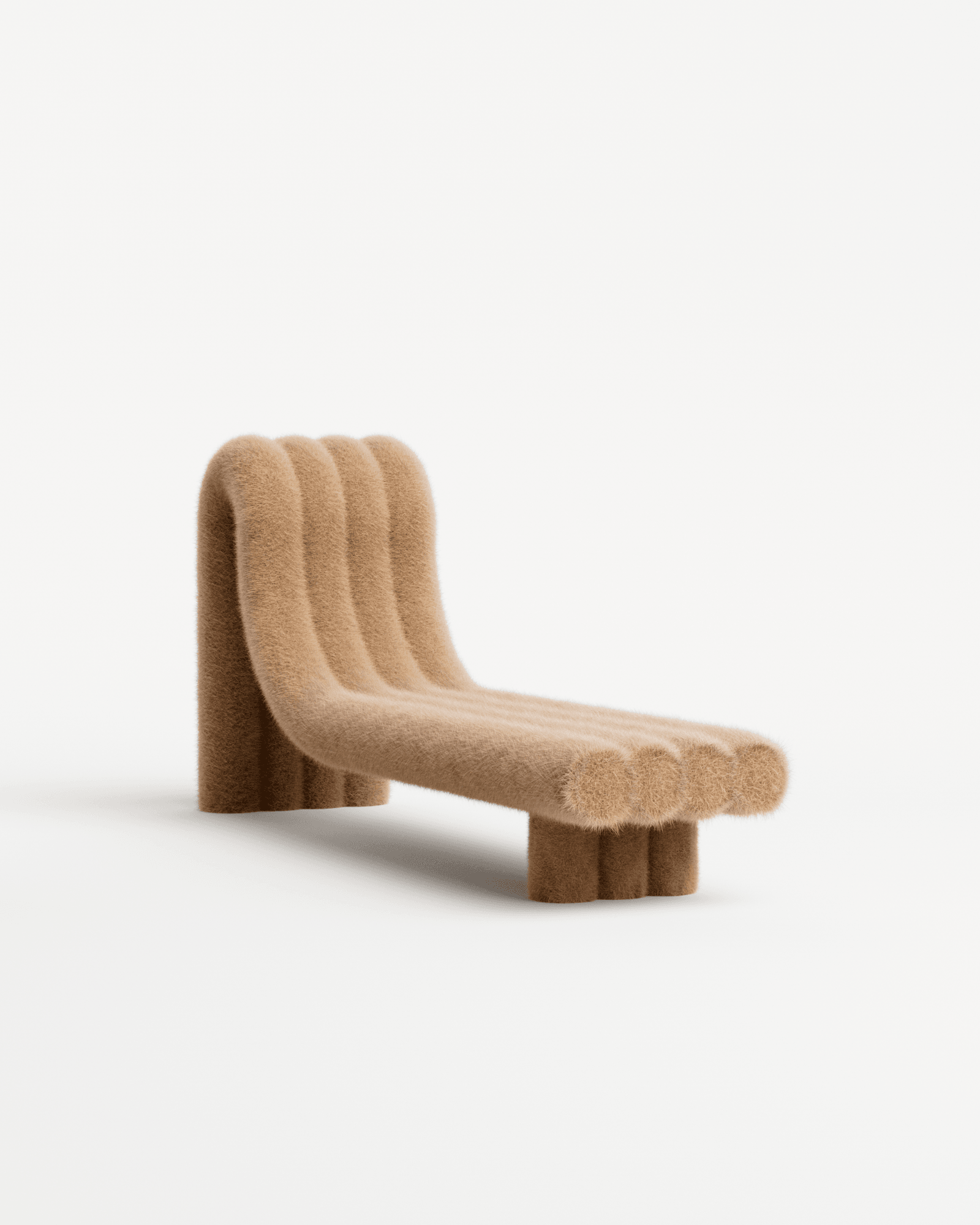 Courbes Alléchantes bench by Axel Chay, chamois faux-fur aluminium tubes forming seat and backrest, cylindrical feet
