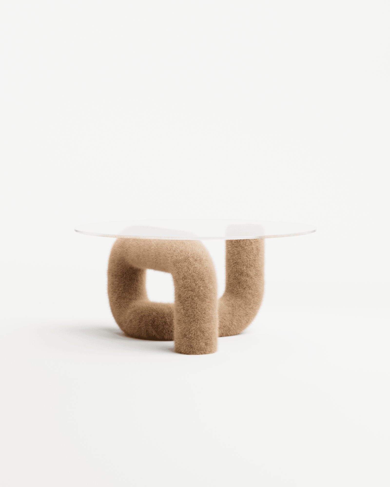 Courbes Alléchantes coffee table by Axel Chay, round glass top on a looped chamois faux-fur aluminium sculptural base