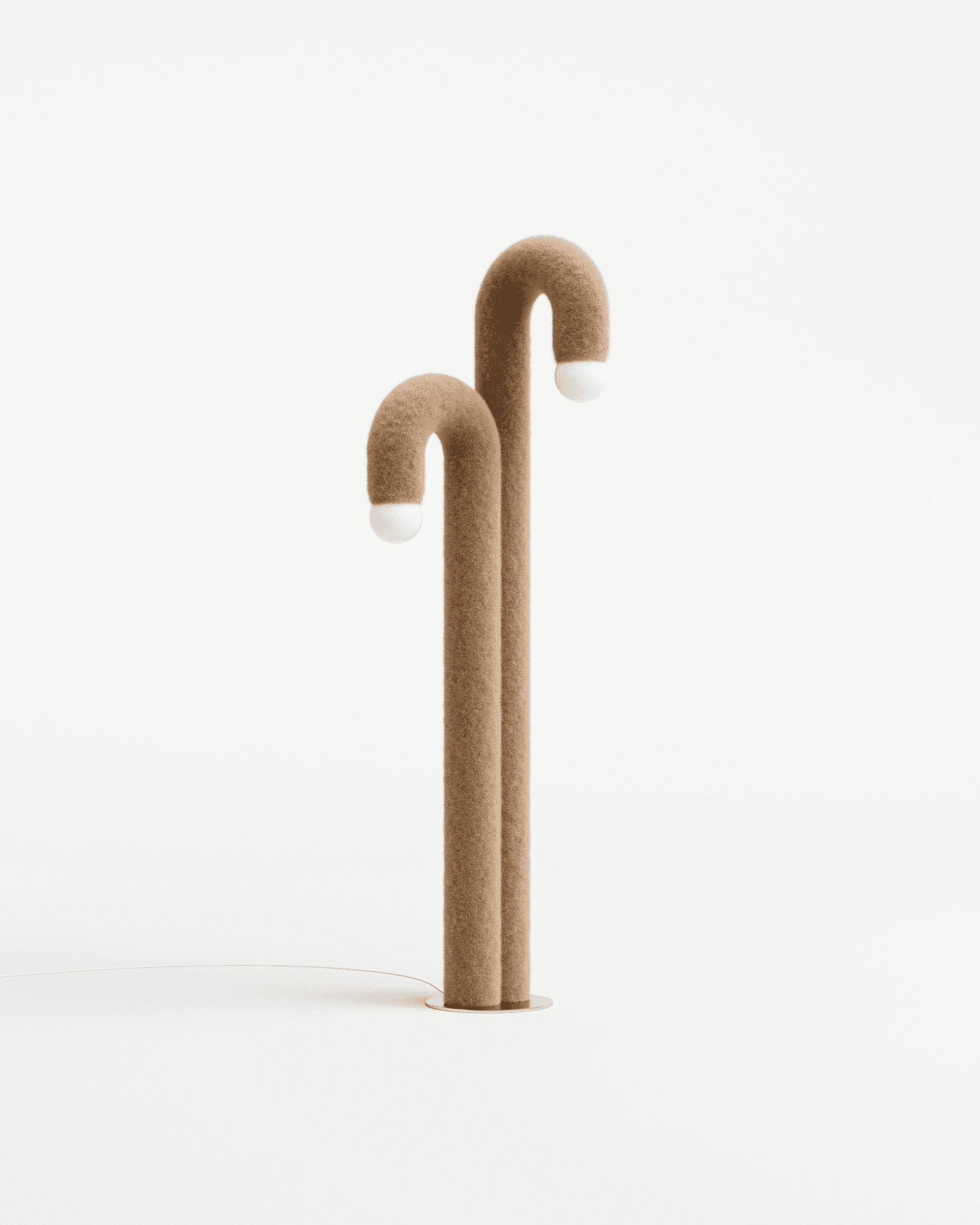 Courbes Alléchantes floor lamp by Axel Chay, two chamois faux-fur aluminium U-stems of varying heights, spherical white bulbs