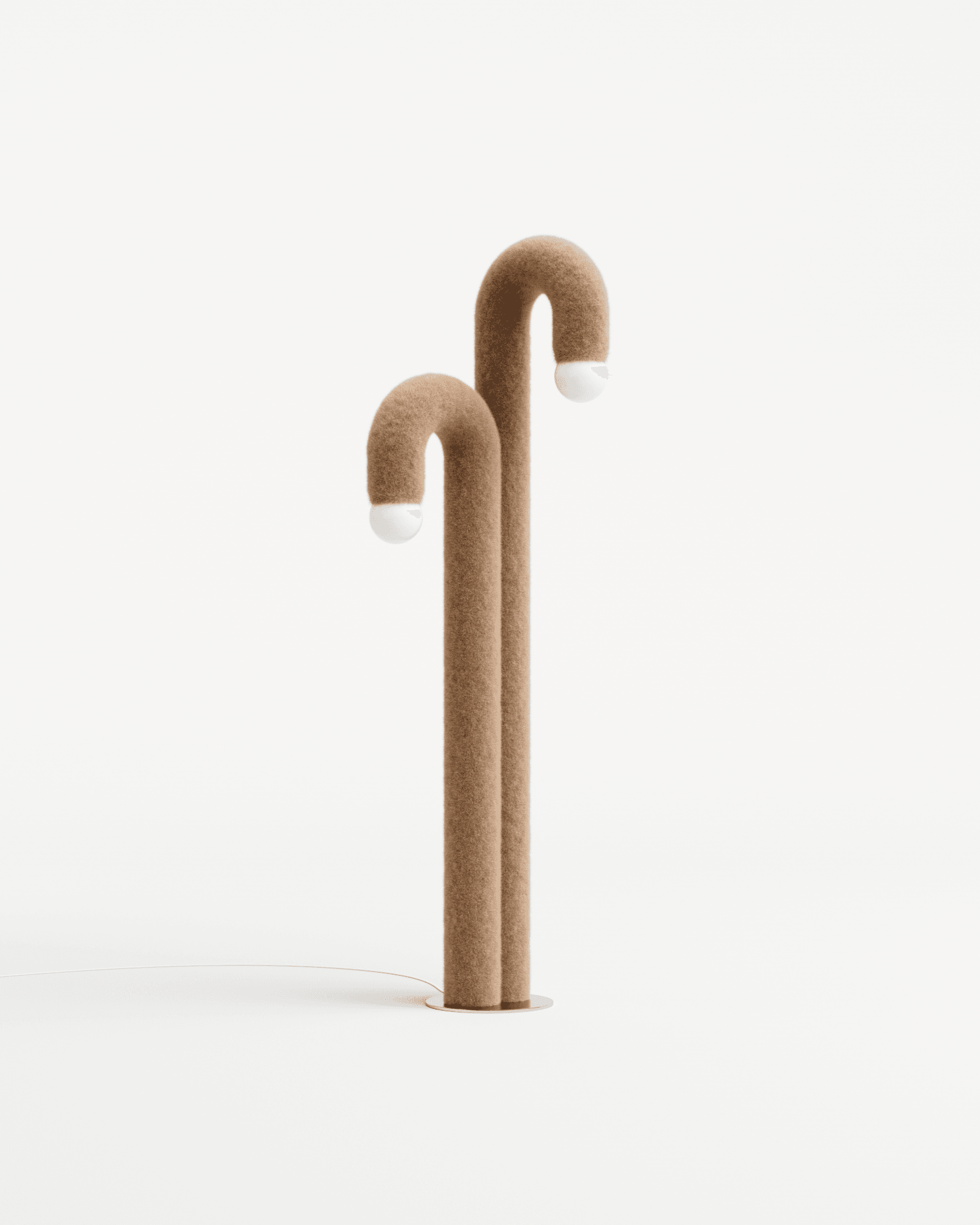 Courbes Alléchantes floor lamp by Axel Chay, two chamois faux-fur aluminium U-stems of varying heights, spherical white bulbs