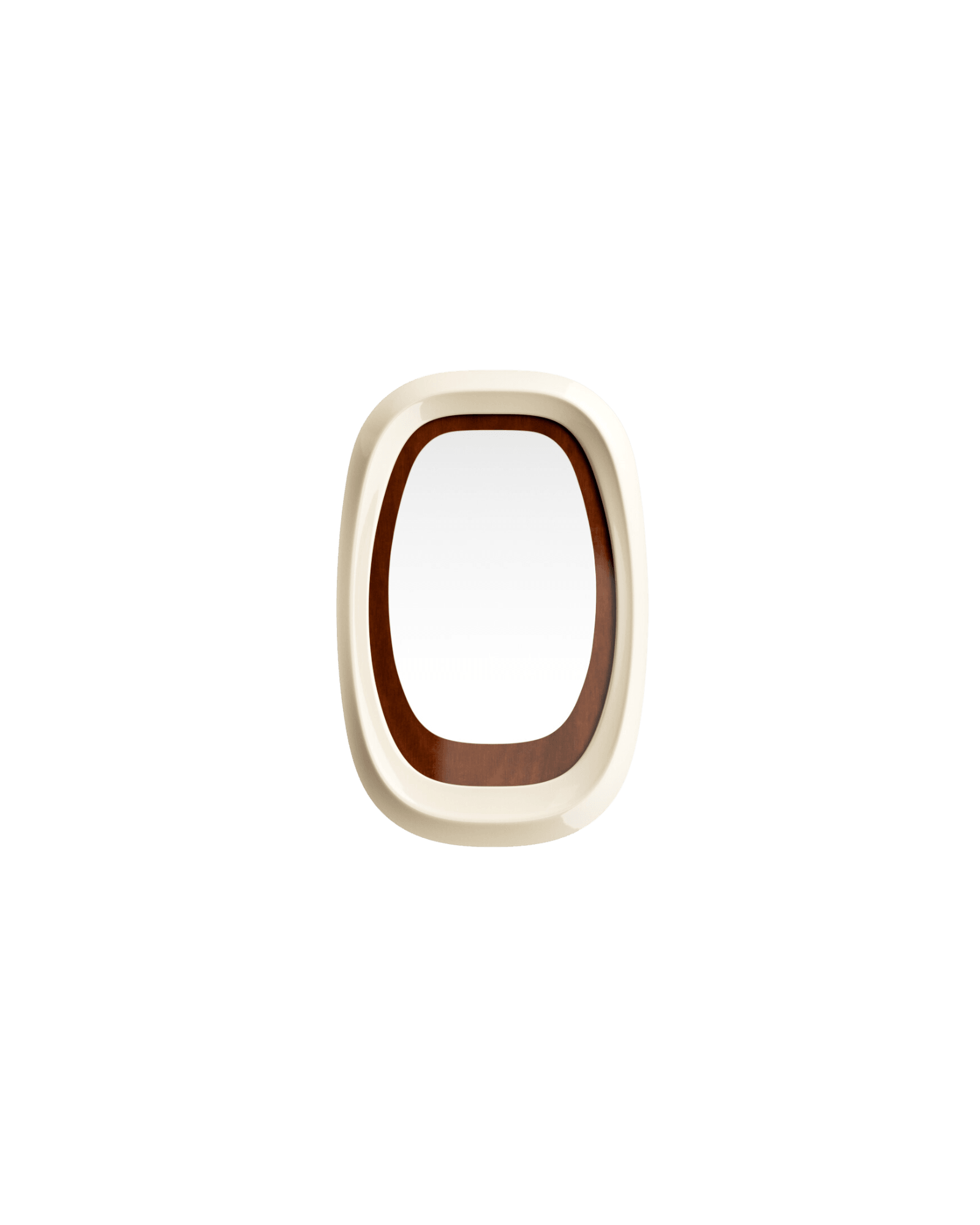Cabin View Double Mirror M by Rudy Guénaire - off-white lacquer and brown varnished wood, oval wall mirror