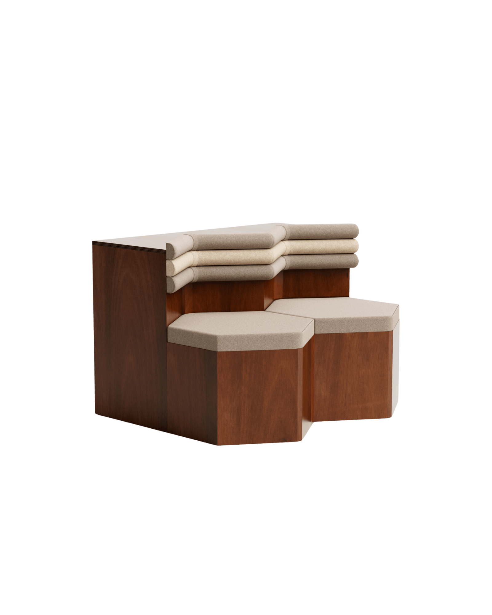 Vaporetto to Murano Double Bench by Rudy Guénaire - varnished wood and mohair velvet, tiered hexagonal seats