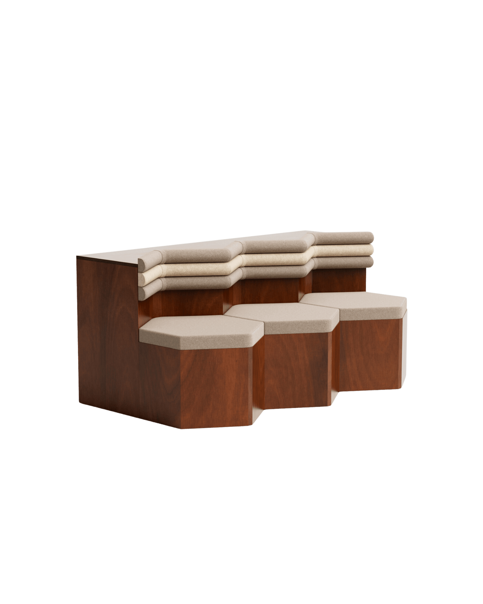 Vaporetto to Murano Triple Bench by Rudy Guénaire - varnished wood and mohair velvet, three tiered seats