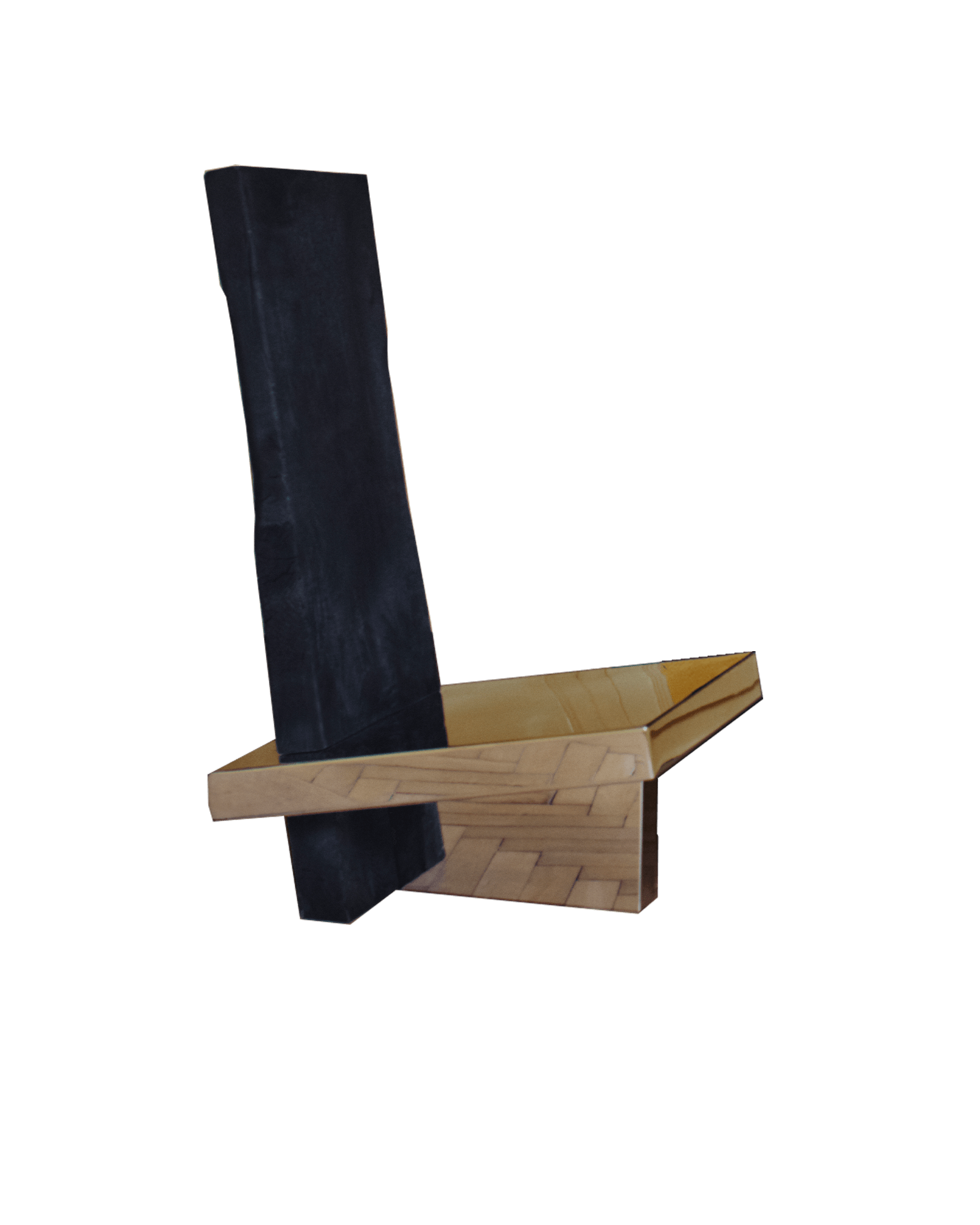 Culebra Cathedra low chair with dark curved black wood backrest and interlocking tan wood base by Cobalto Studio