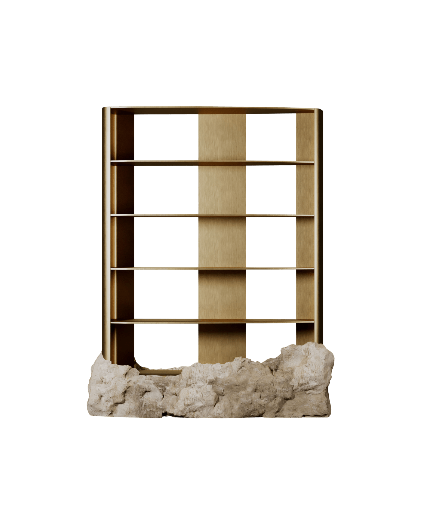 Cyprès Bookcase L by Frédéric Imbert - five wood shelves in brass frame on irregular stone base, handcrafted in France