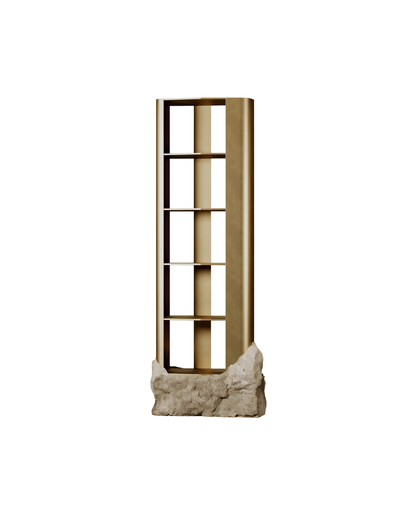 Cyprès Bookcase M by Frédéric Imbert - brass frame with wood shelves on a rough stone base, handcrafted in France