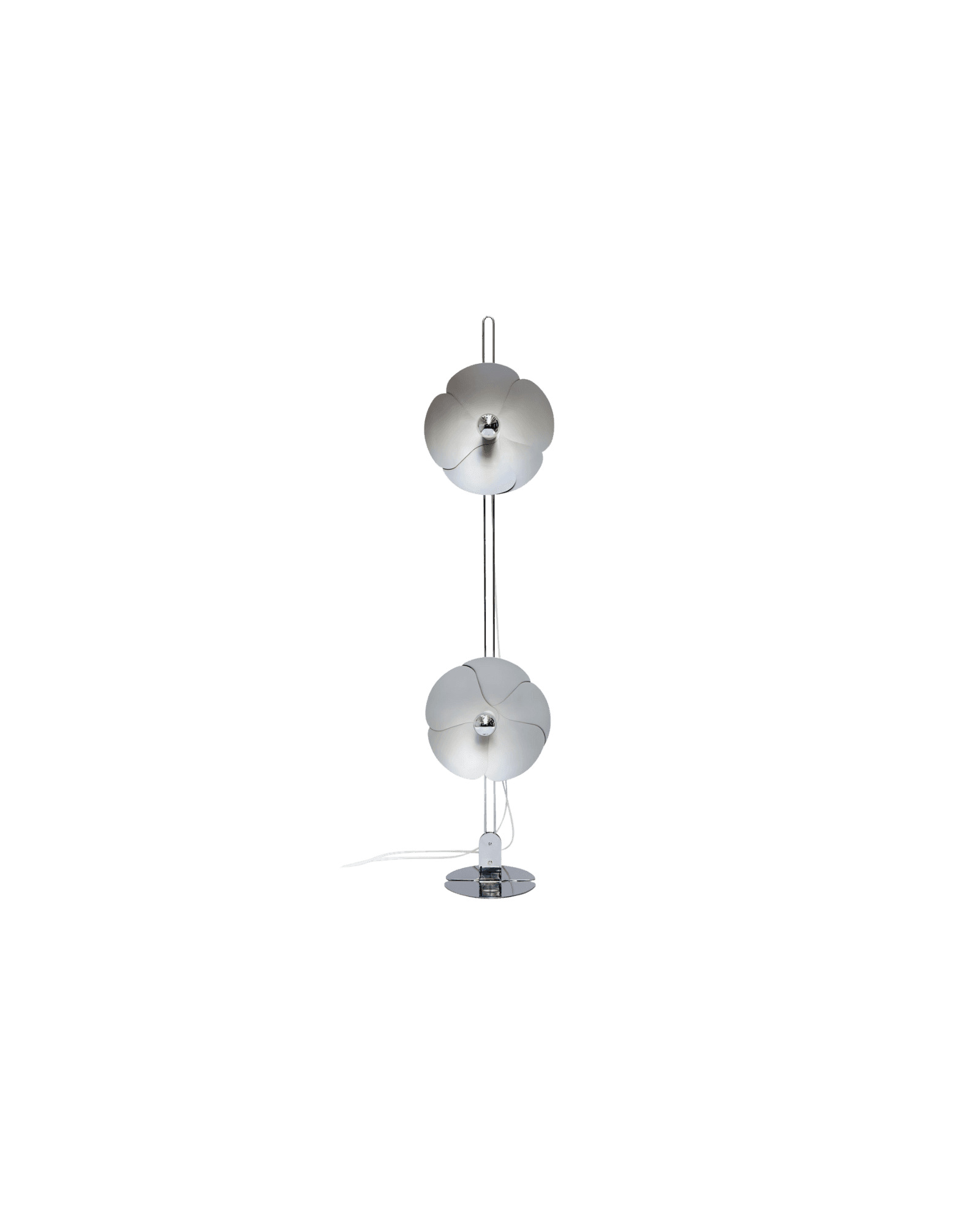 Olivier Mourgue 2093-150 Floor Lamp by Disderot, white petal shades, polished chrome stem, French mid-century reissue
