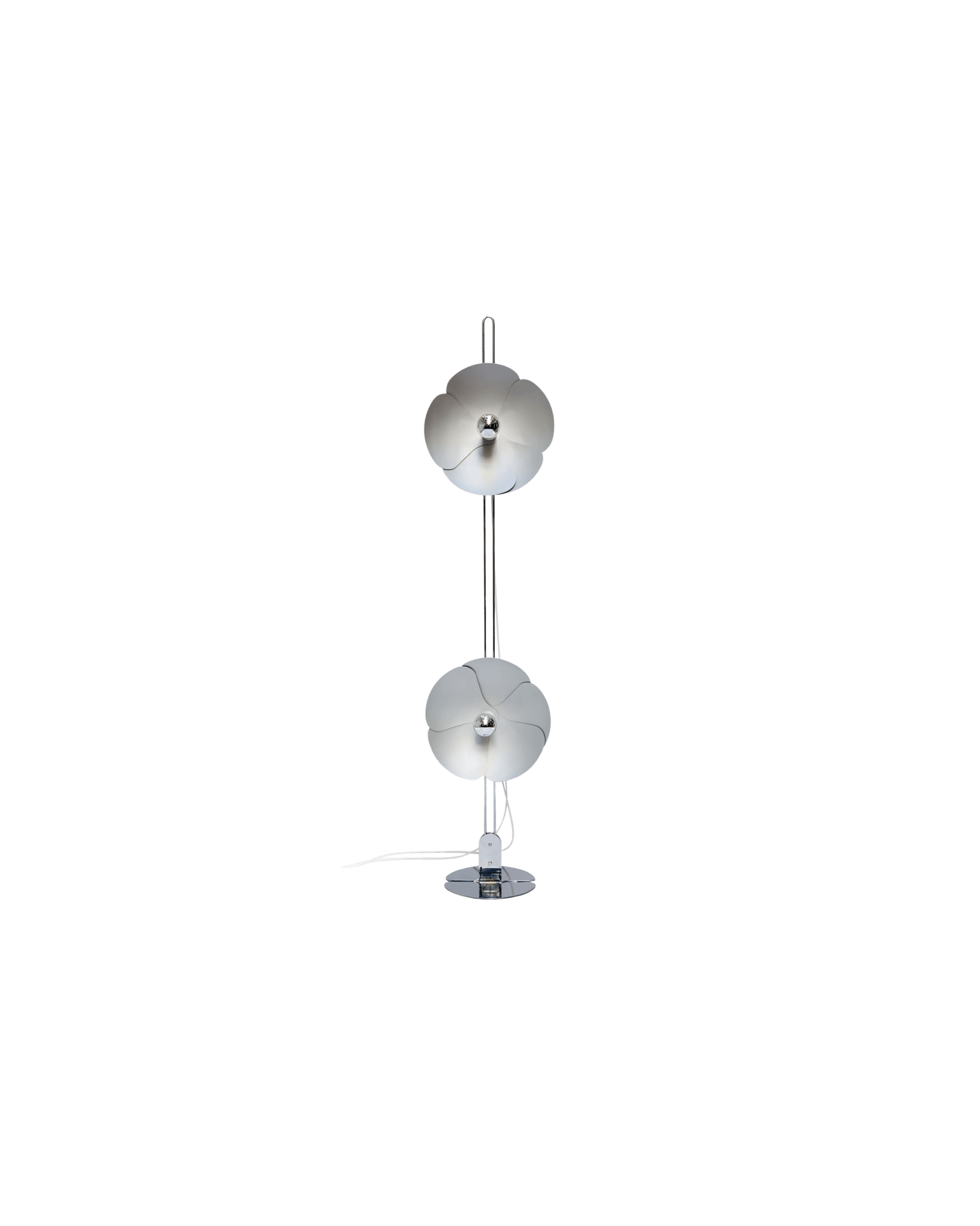 Olivier Mourgue 2093-150 Floor Lamp by Disderot, white petal shades, polished chrome stem, French mid-century reissue
