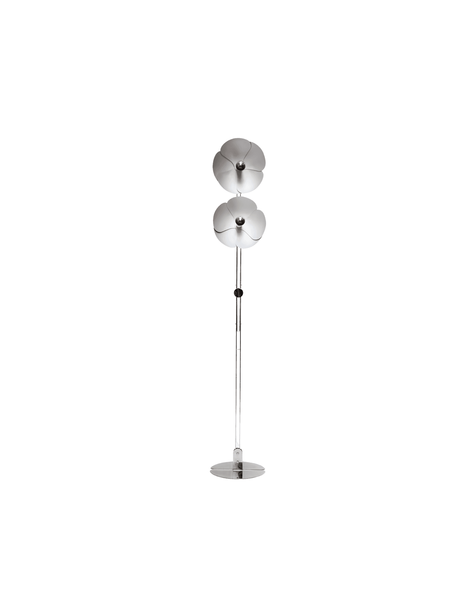 Olivier Mourgue 2093-225 Floor Lamp by Disderot, two stacked petal shades, chrome pole, French Space Age reissue
