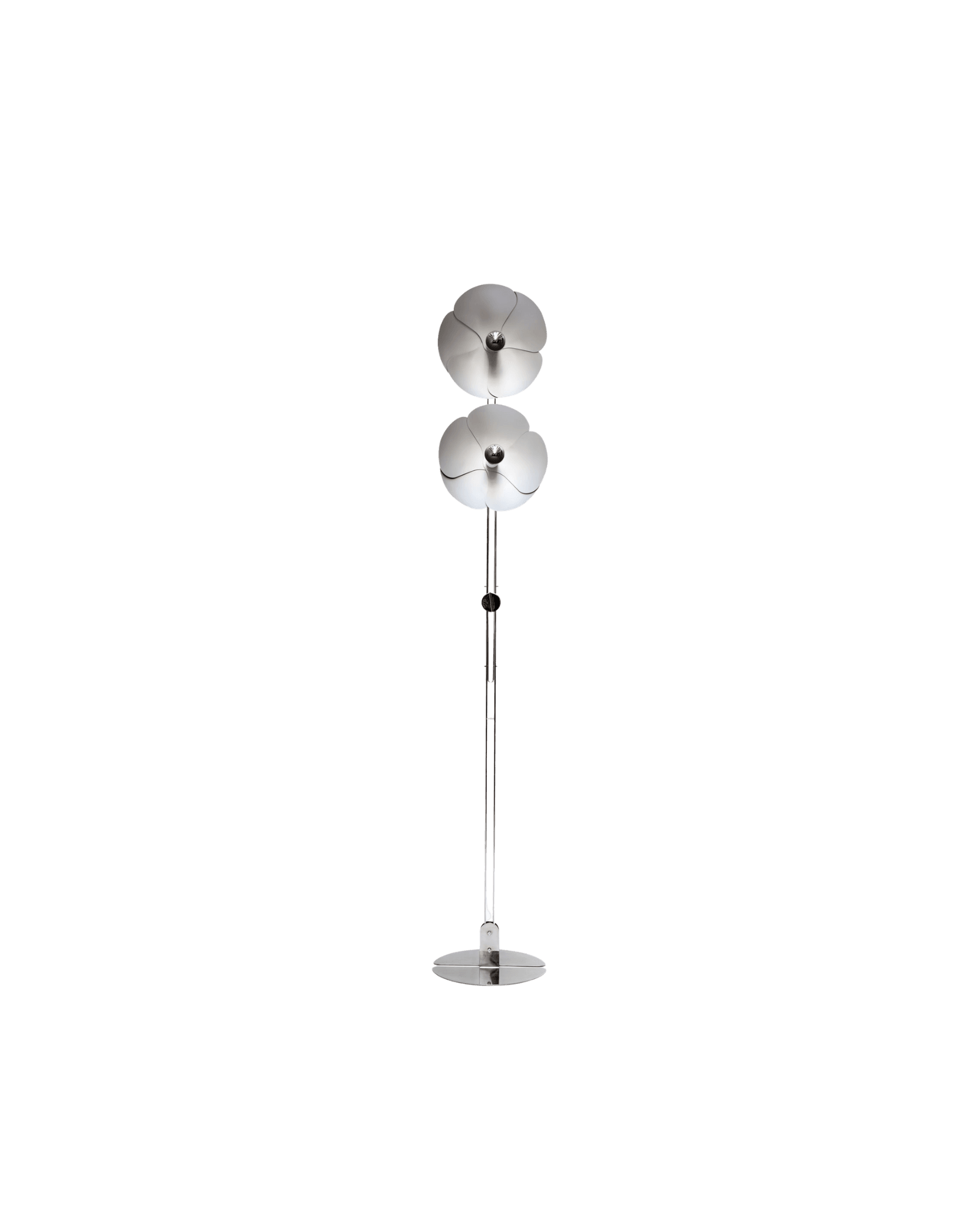 Olivier Mourgue 2093-225 Floor Lamp by Disderot, two stacked petal shades, chrome pole, French Space Age reissue