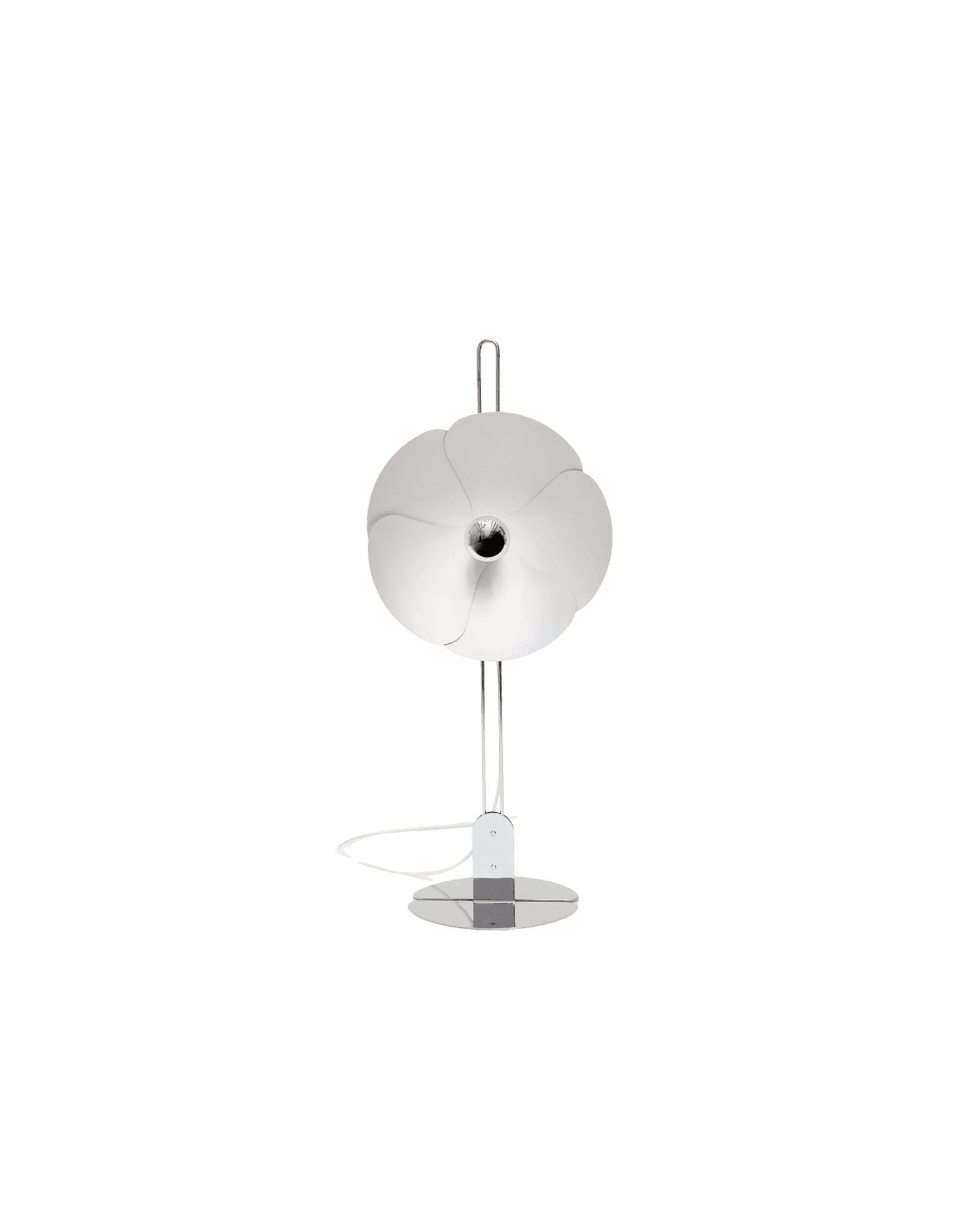 Olivier Mourgue 2093-80 Table Lamp by Disderot, white overlapping petal shade, chrome stem, French Space Age reissue