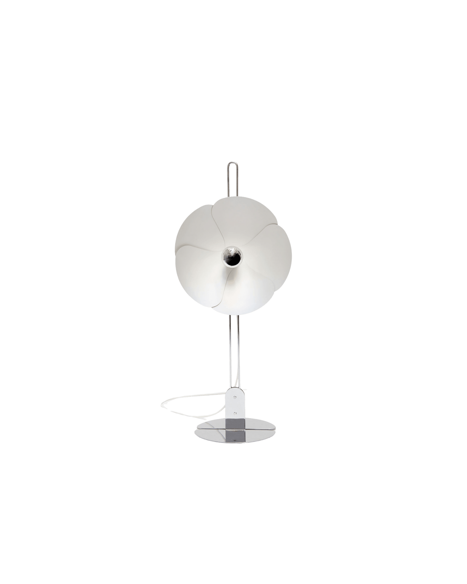 Olivier Mourgue 2093-80 Table Lamp by Disderot, white overlapping petal shade, chrome stem, French Space Age reissue