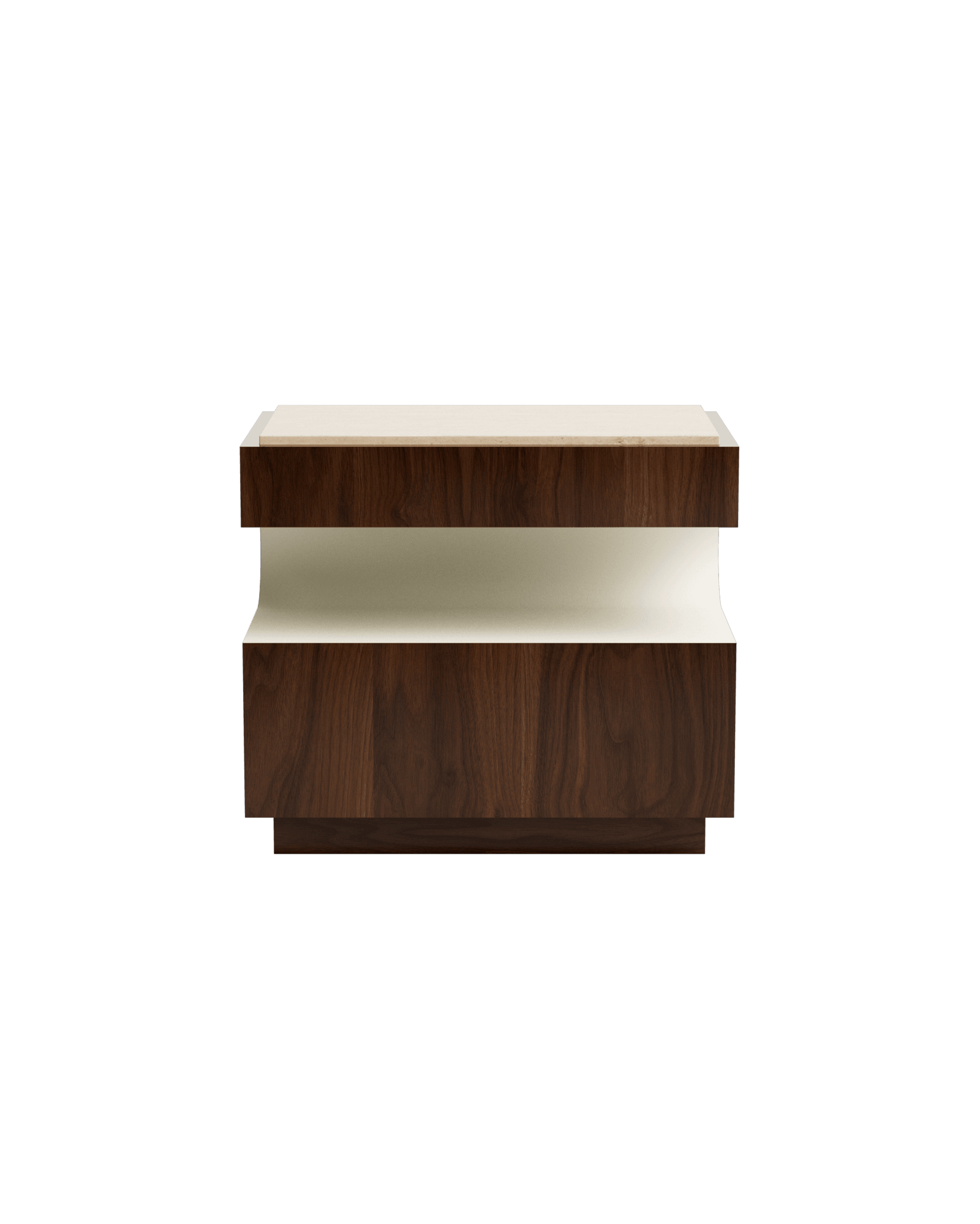 Carlotta Bedside Table by Fabrice Juan – walnut and travertine nightstand, curved open centre compartment