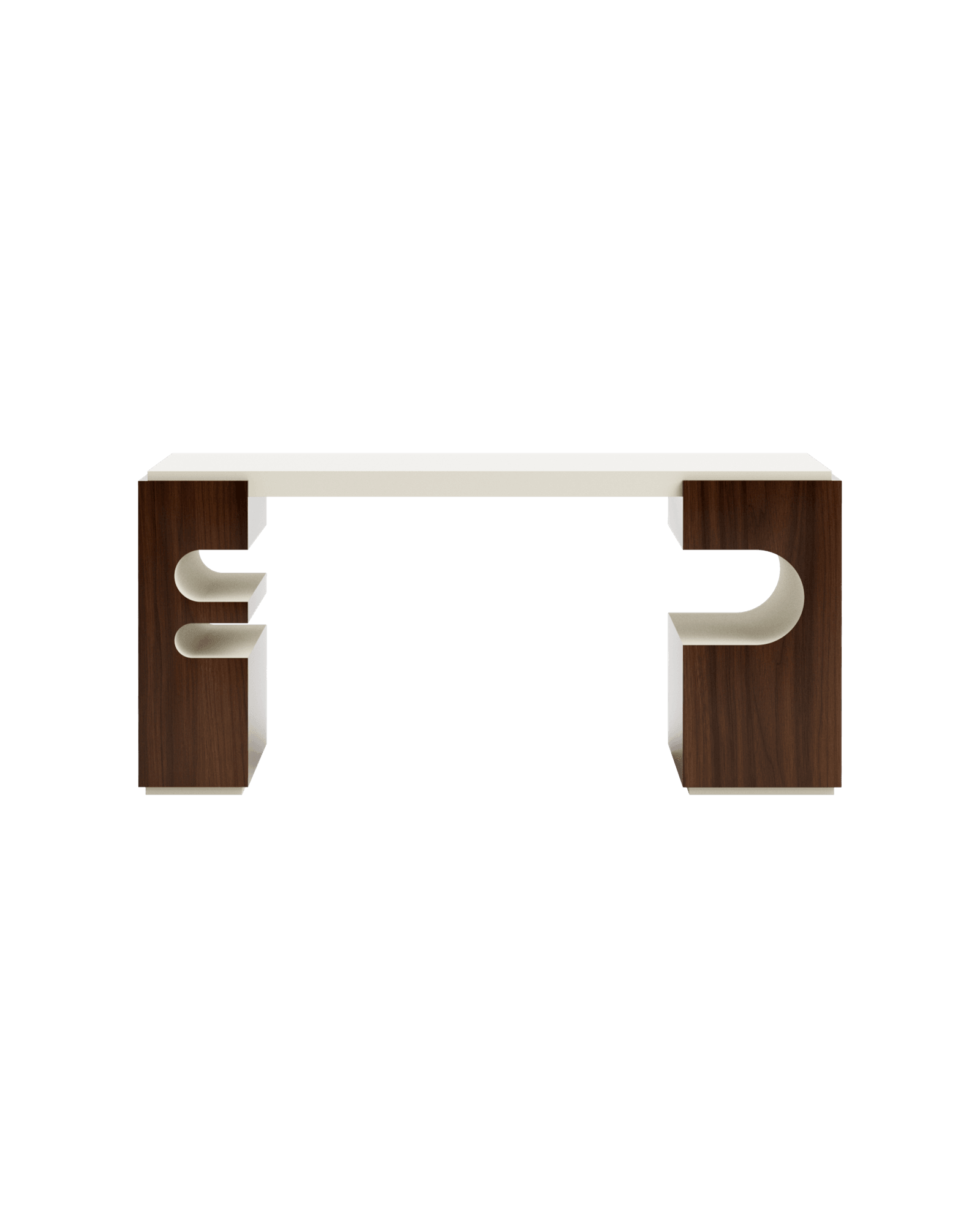 Carlotta Desk by Fabrice Juan – lacquer and eucalyptus desk, sculptural C-shaped cutout bases