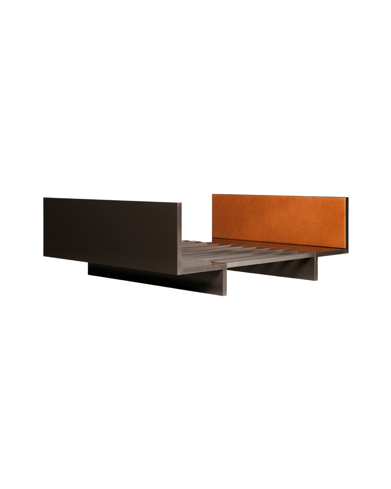 06 Letto bed frame by Interni Venosta - dark bronze metal with orange upholstered headboard, Drop 01