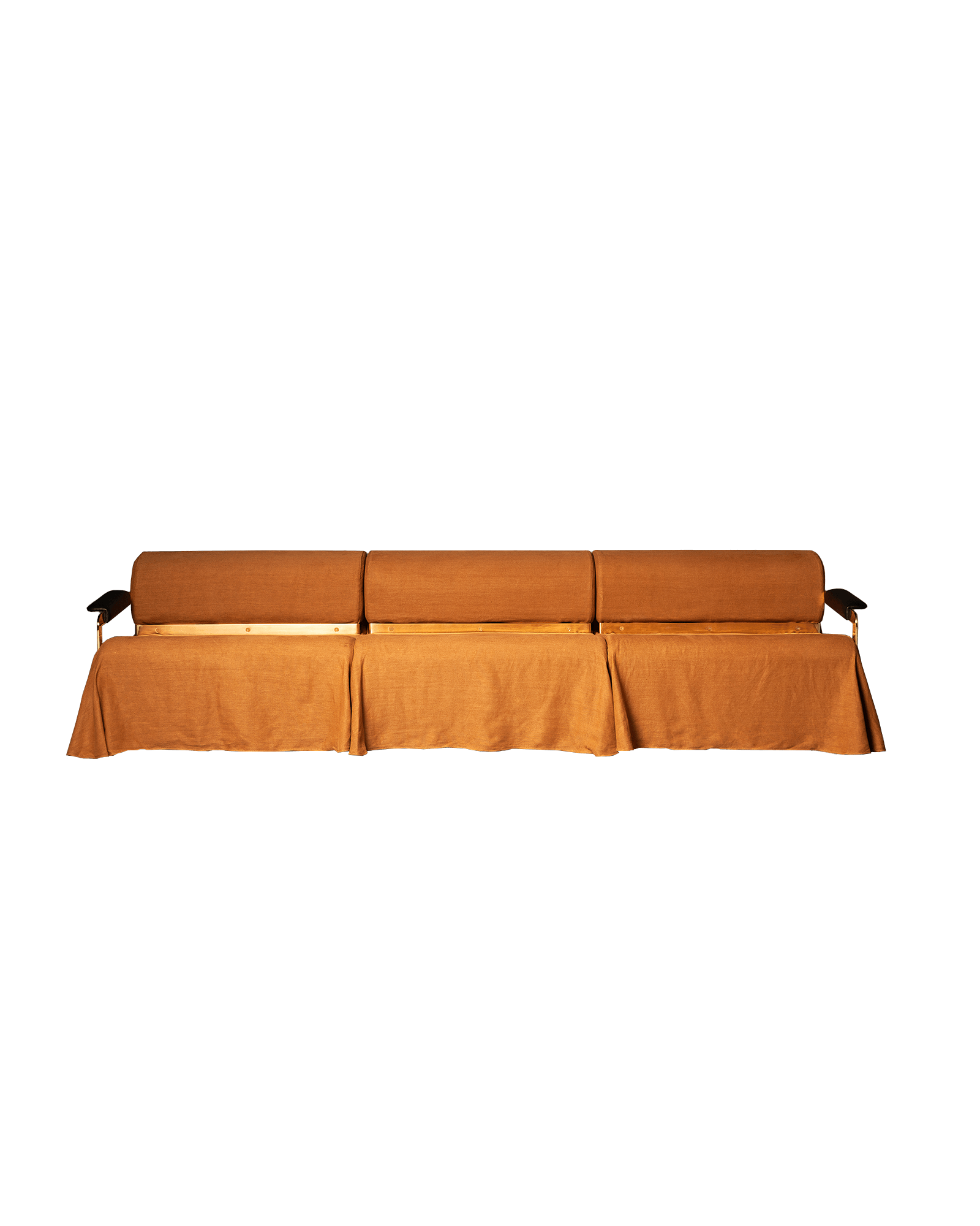 08 Divano sofa by Interni Venosta - brown textile with exposed wood frame and curved armrests, Drop 02