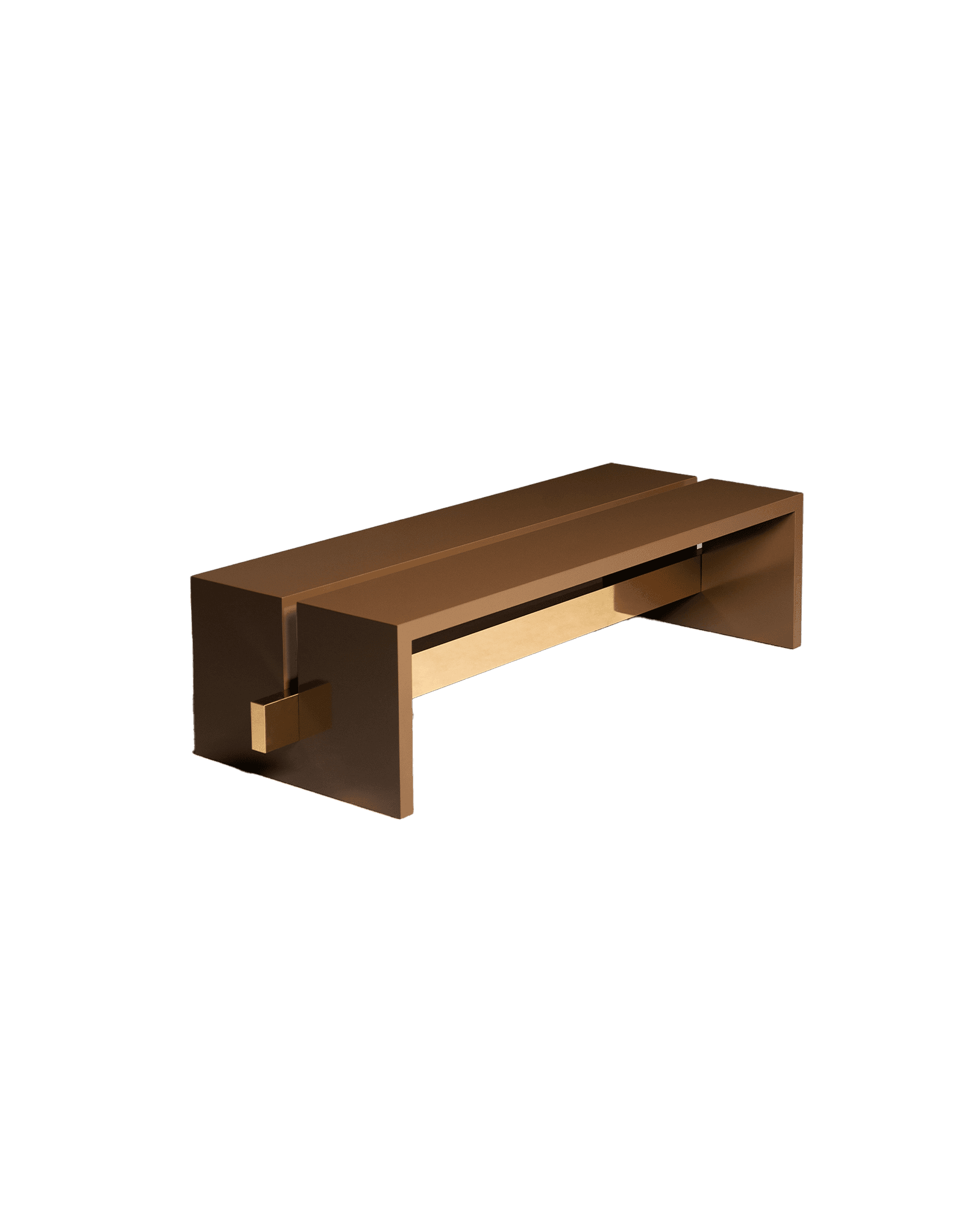 Low rectangular coffee table in bronze-brown with polished gold-toned metal bar, Drop 02 by Interni Venosta