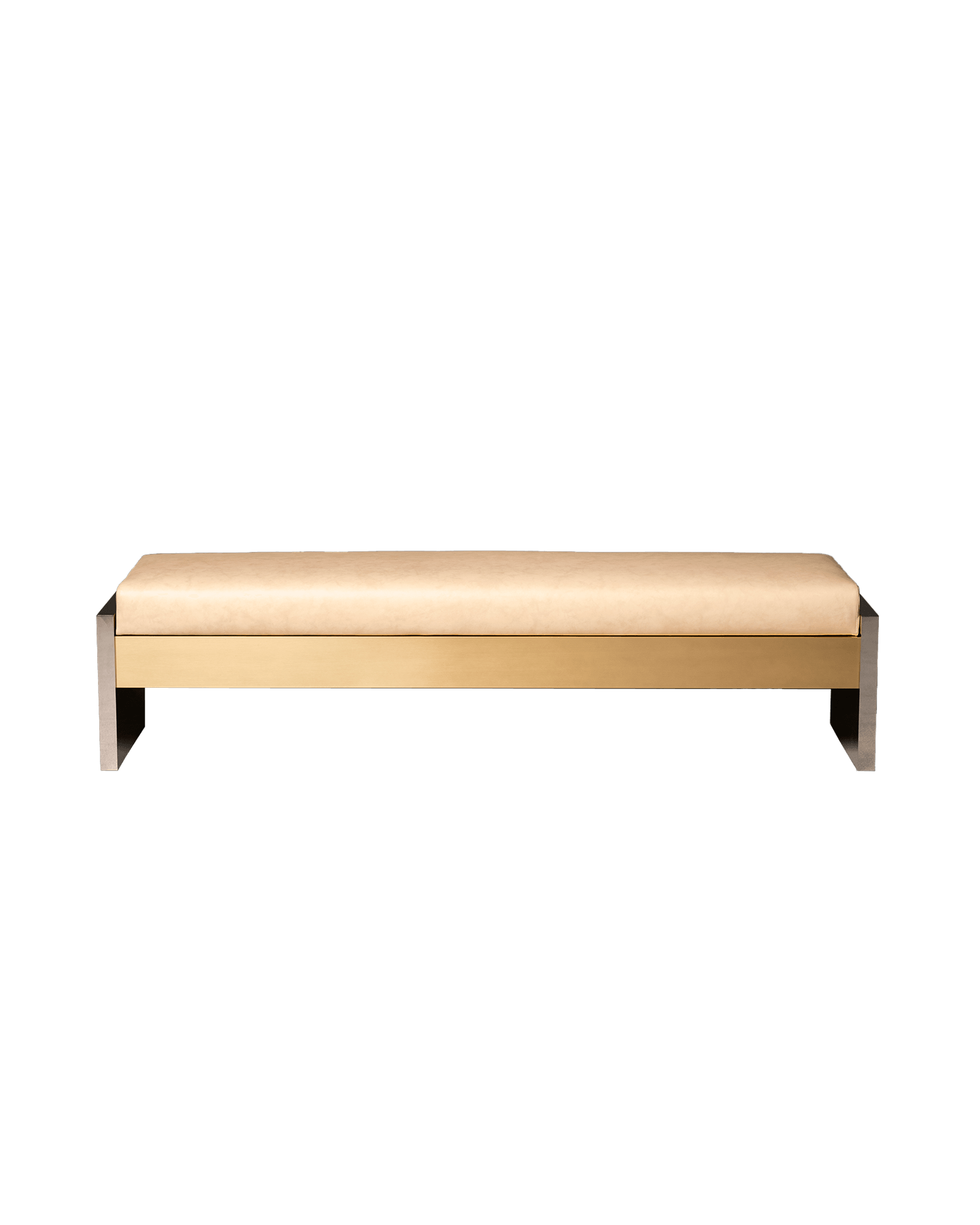 Long rectangular bench in beige upholstery with brushed gold metal frame, Drop 02 by Interni Venosta