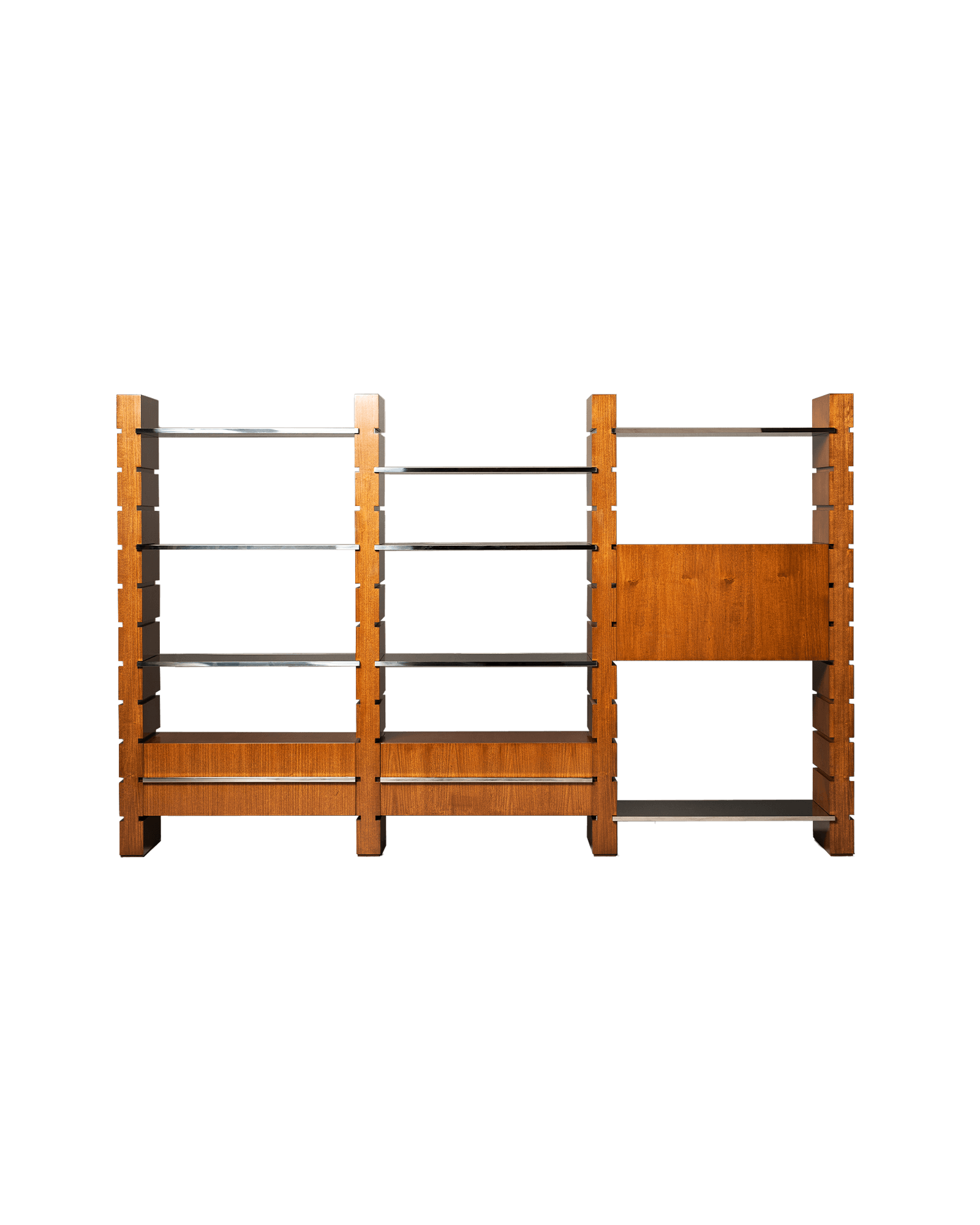15 Libreria bookcase by Interni Venosta - wood frame with chrome rods and glass shelves, Drop 02
