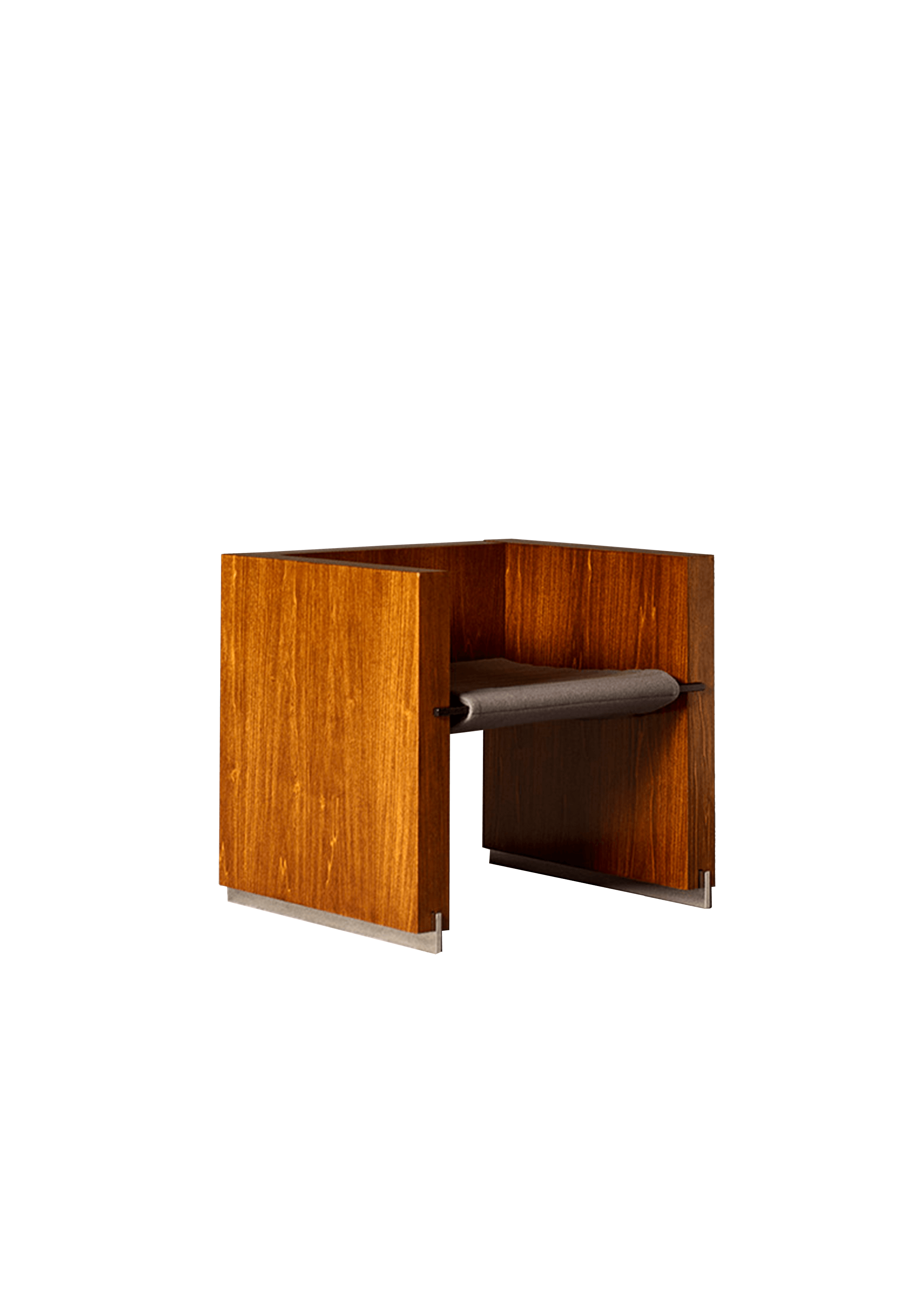 Open wood armchair with suspended cylindrical grey upholstered backrest, Drop 03 by Interni Venosta