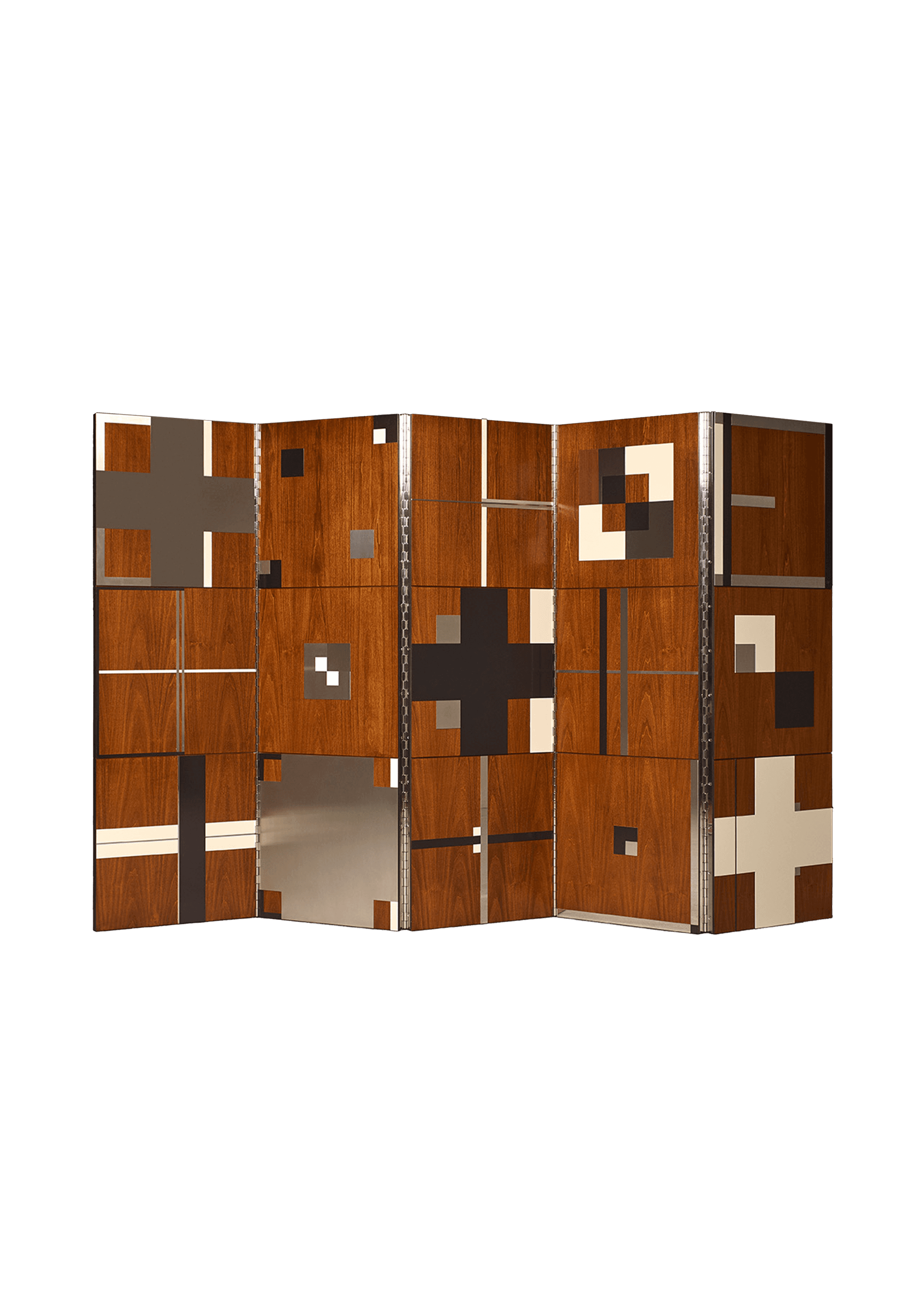Multi-panel room divider in brown wood veneer with geometric inlays and metallic hinges, Drop 03 by Interni Venosta