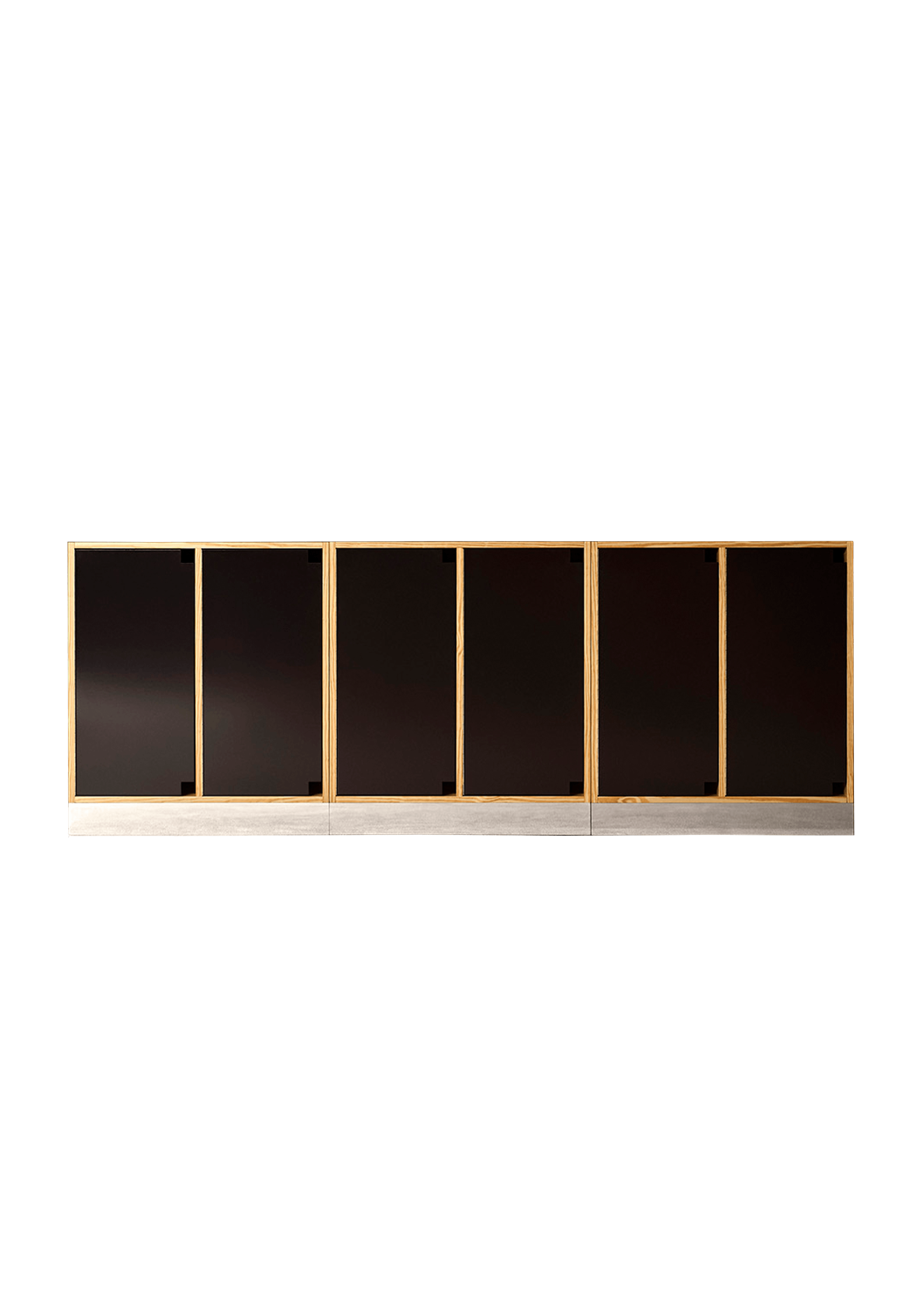 Horizontal modular storage with dark reflective panels in a natural light wood frame, Drop 03 by Interni Venosta