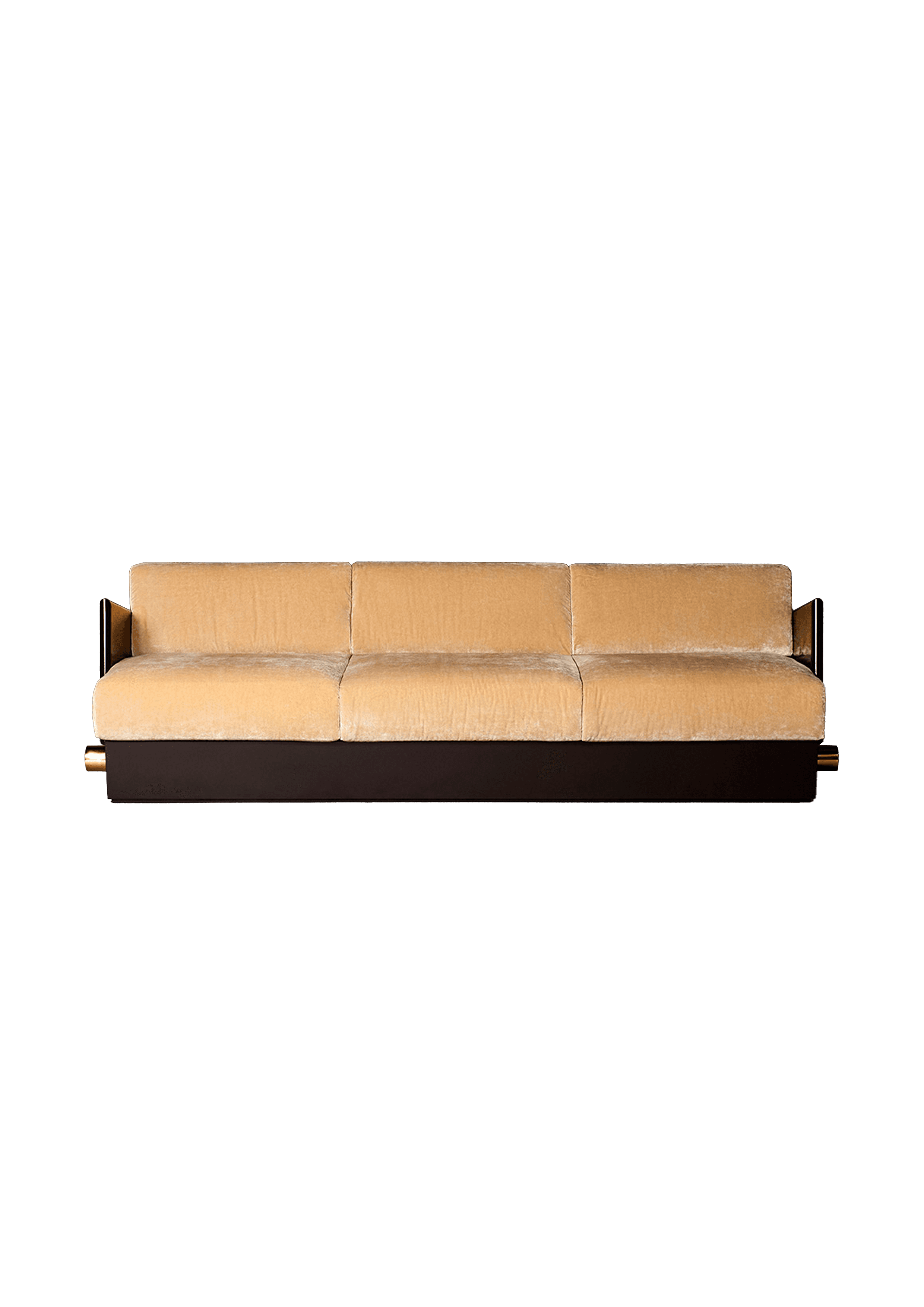 Low-profile three-seater sofa in cream velvet with dark wood base and gold cylindrical accents, Drop 03 by Interni Venosta