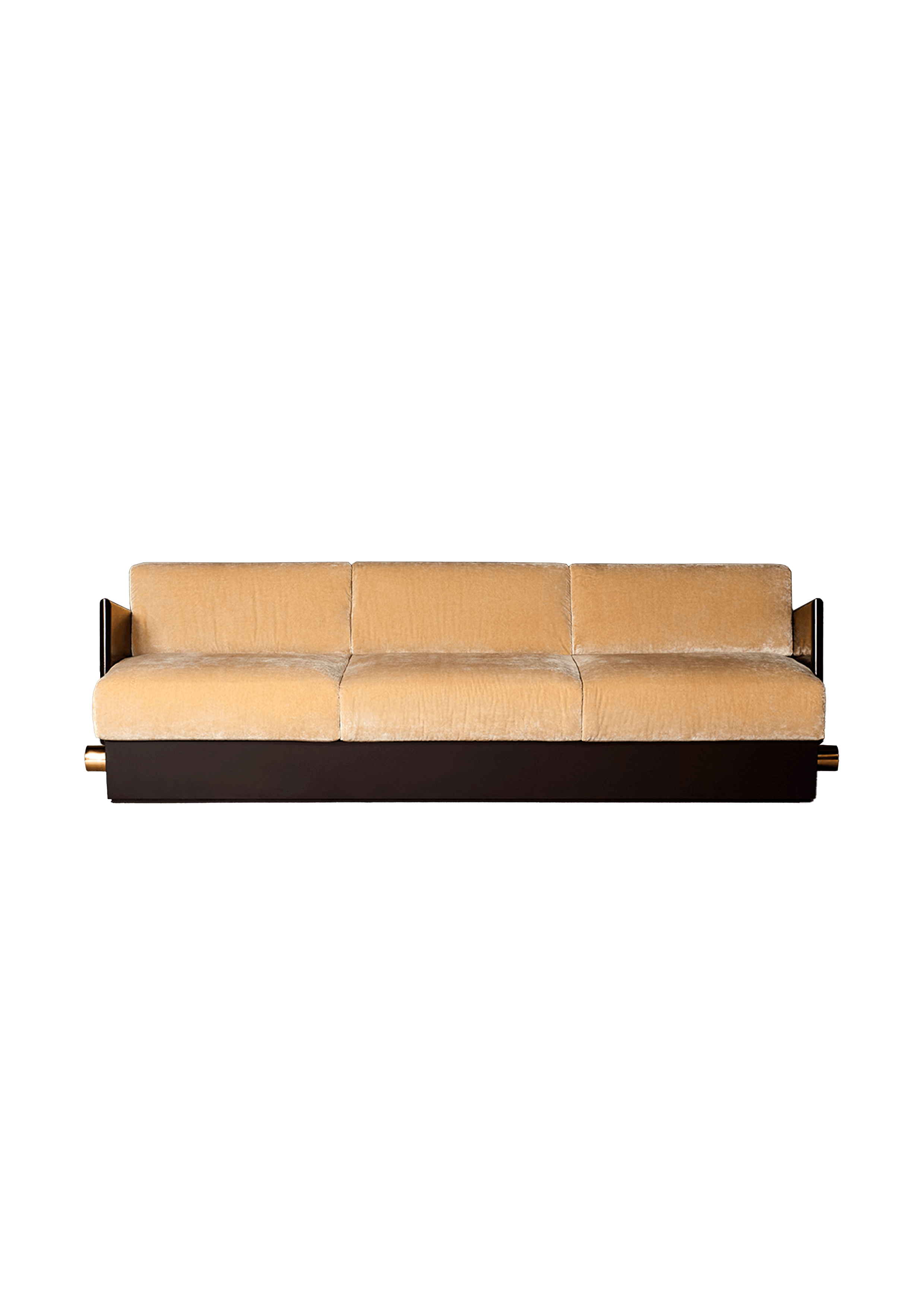 Low-profile three-seater sofa in cream velvet with dark wood base and gold cylindrical accents, Drop 03 by Interni Venosta