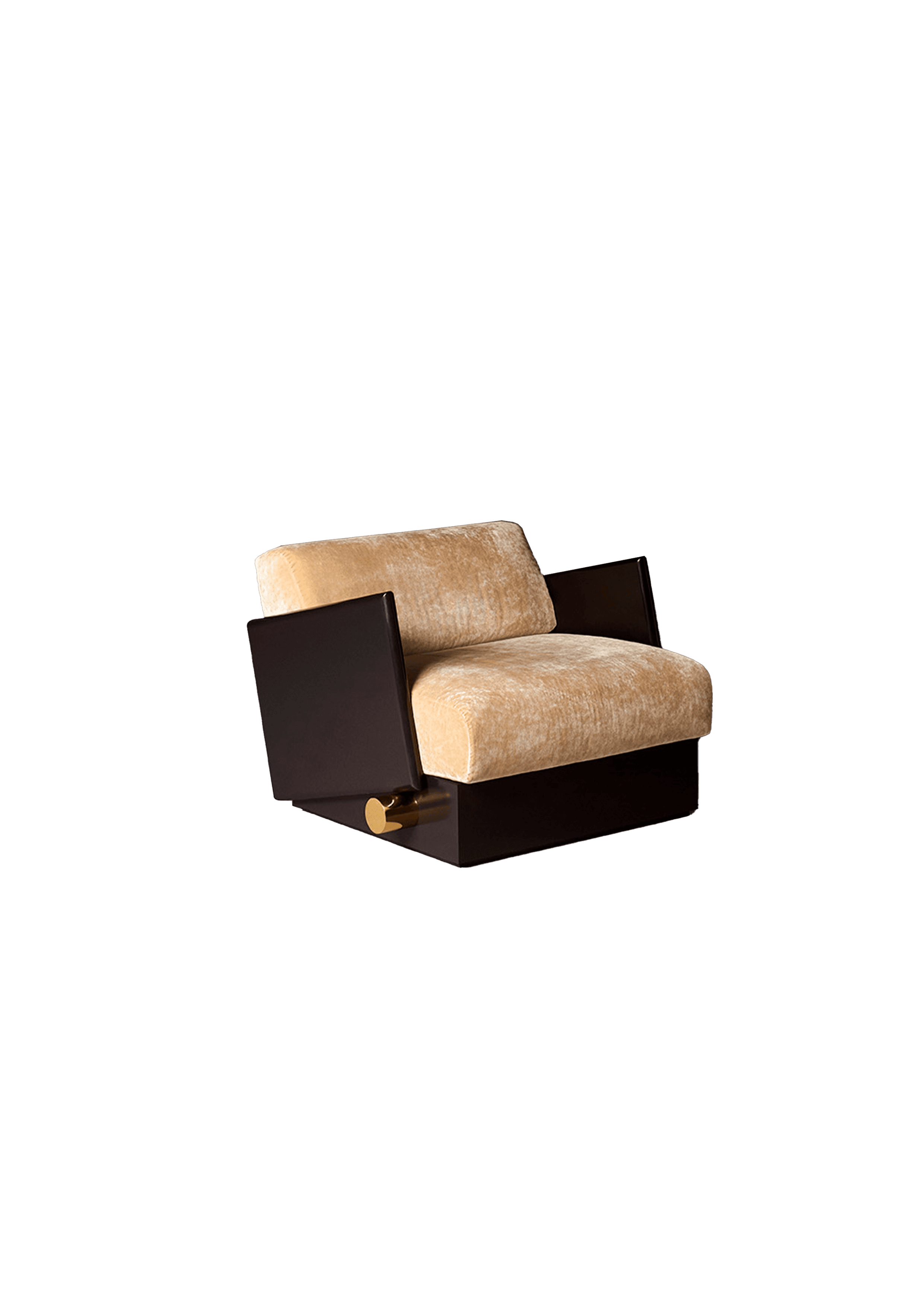 Low-slung armchair with dark wood frame and gold textile cushions, Drop 03 by Interni Venosta
