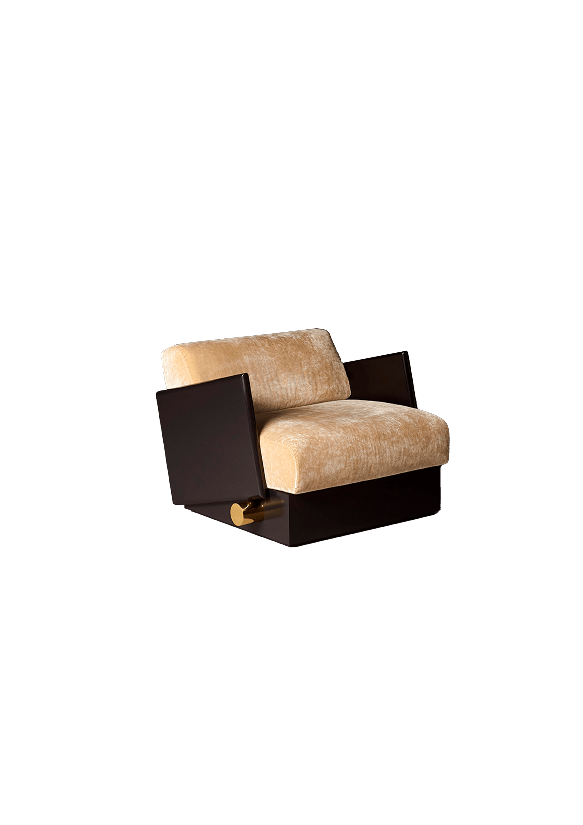 Low-slung armchair with dark wood frame and gold textile cushions, Drop 03 by Interni Venosta