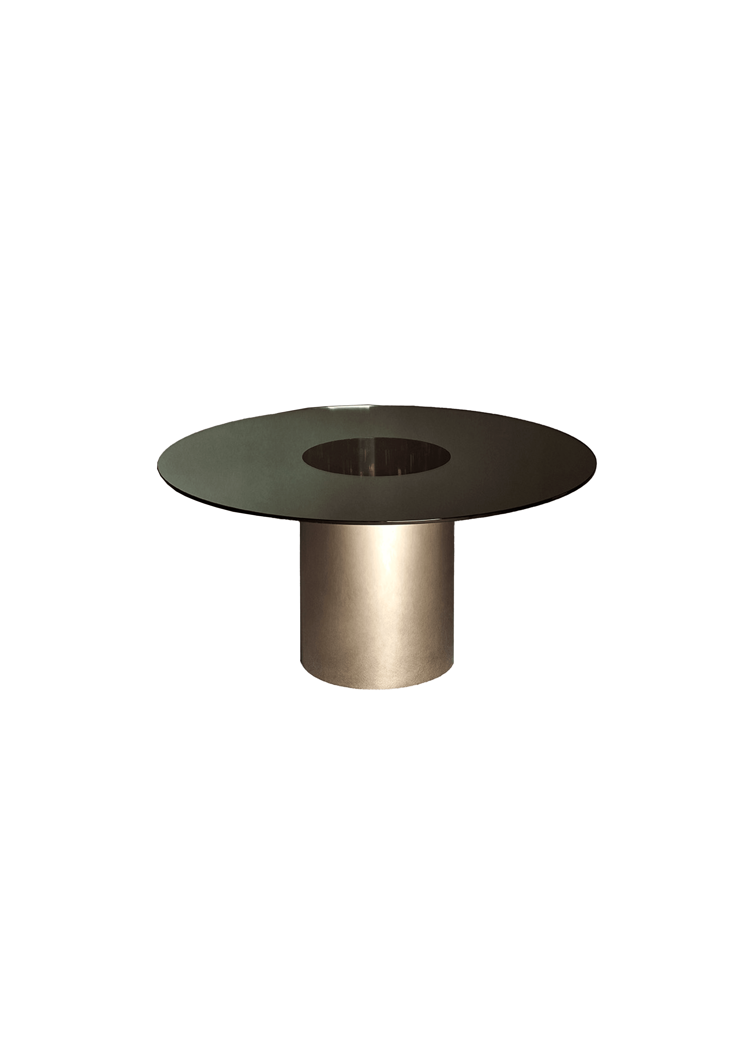 Round smoked glass table with central cut-out on brushed champagne metal pedestal, Drop 03 by Interni Venosta