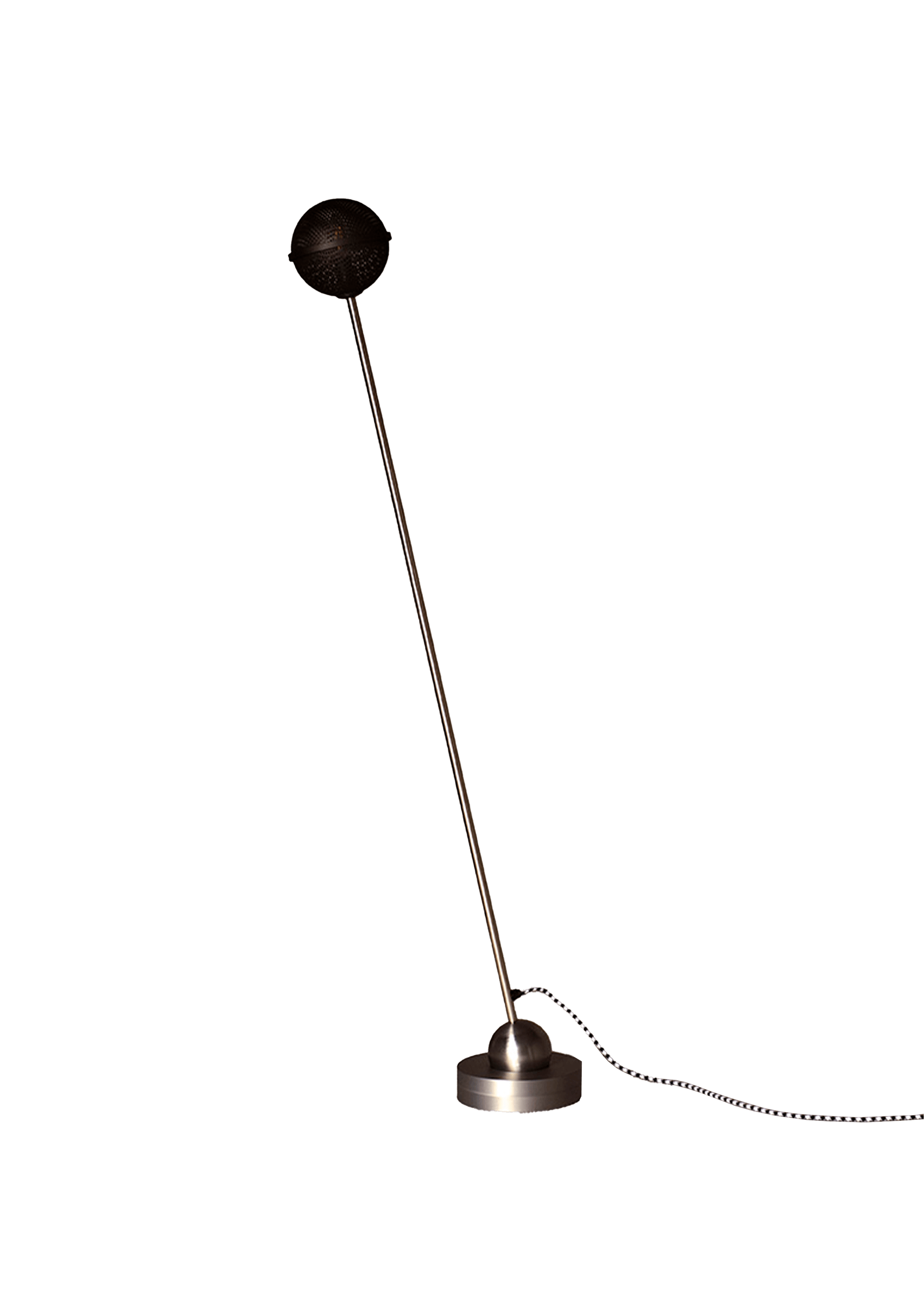 Floor lamp with perforated spherical metal shade on angled rod, Drop 03 by Interni Venosta