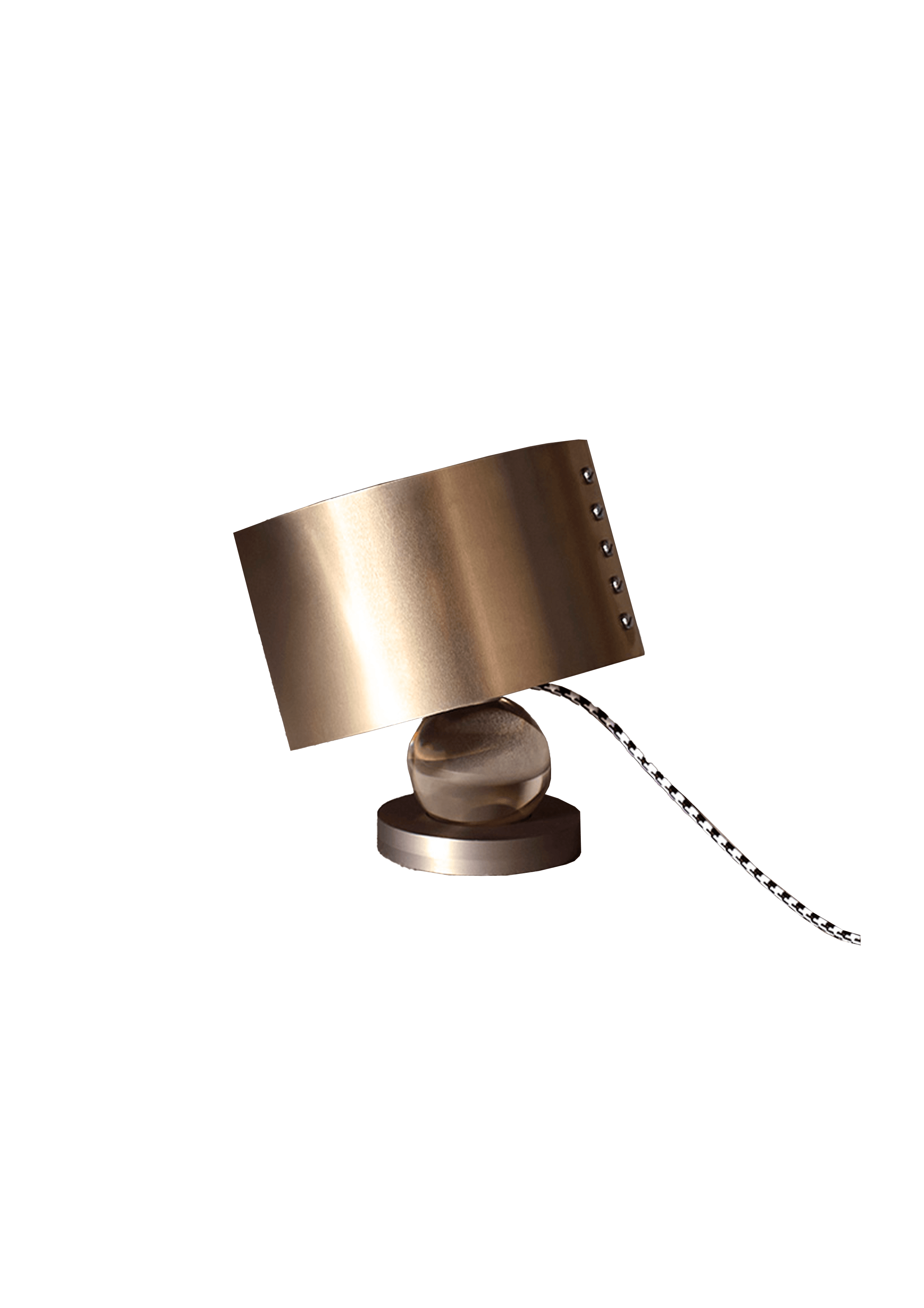 Compact brass desk lamp with cylindrical shade and glass sphere swivel joint, Drop 03 by Interni Venosta