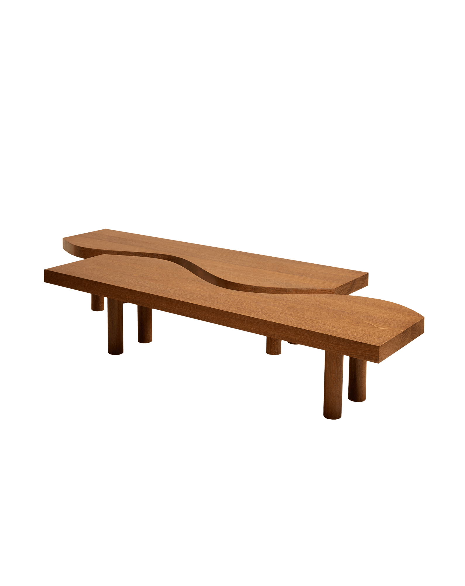 Camel coffee table by Studio Ebur - two undulating sucupira planks with interlocking S-shaped profile