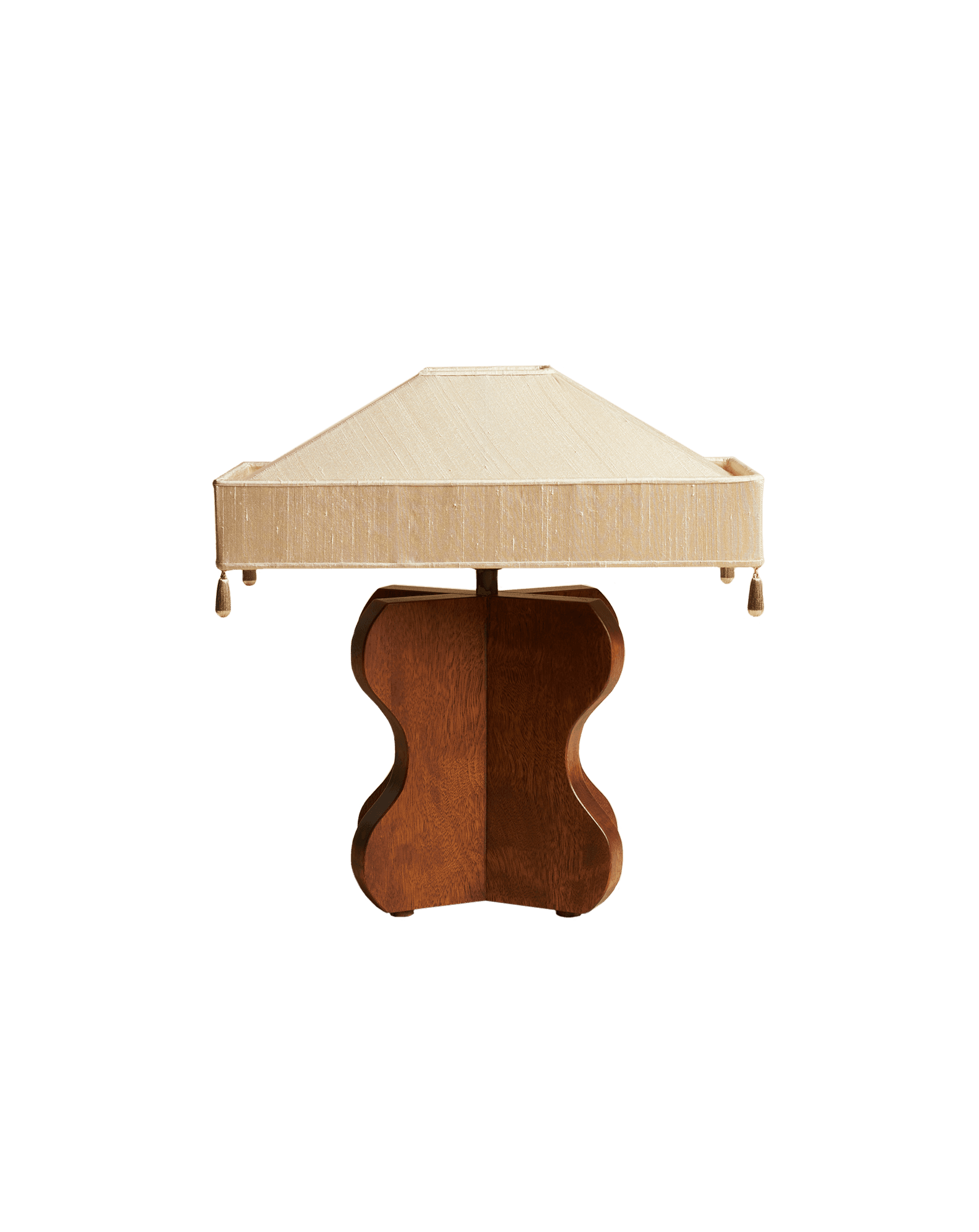 Giza Lamp by Studio Ebur - sucupira wood sculptural base with beige silk shade and tassel trim