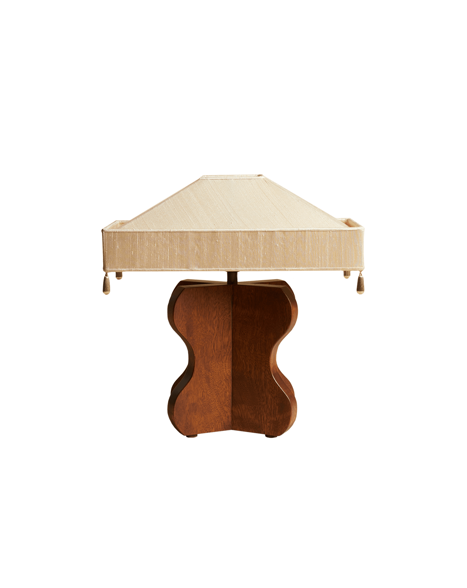 Giza Lamp by Studio Ebur - sucupira wood sculptural base with beige silk shade and tassel trim