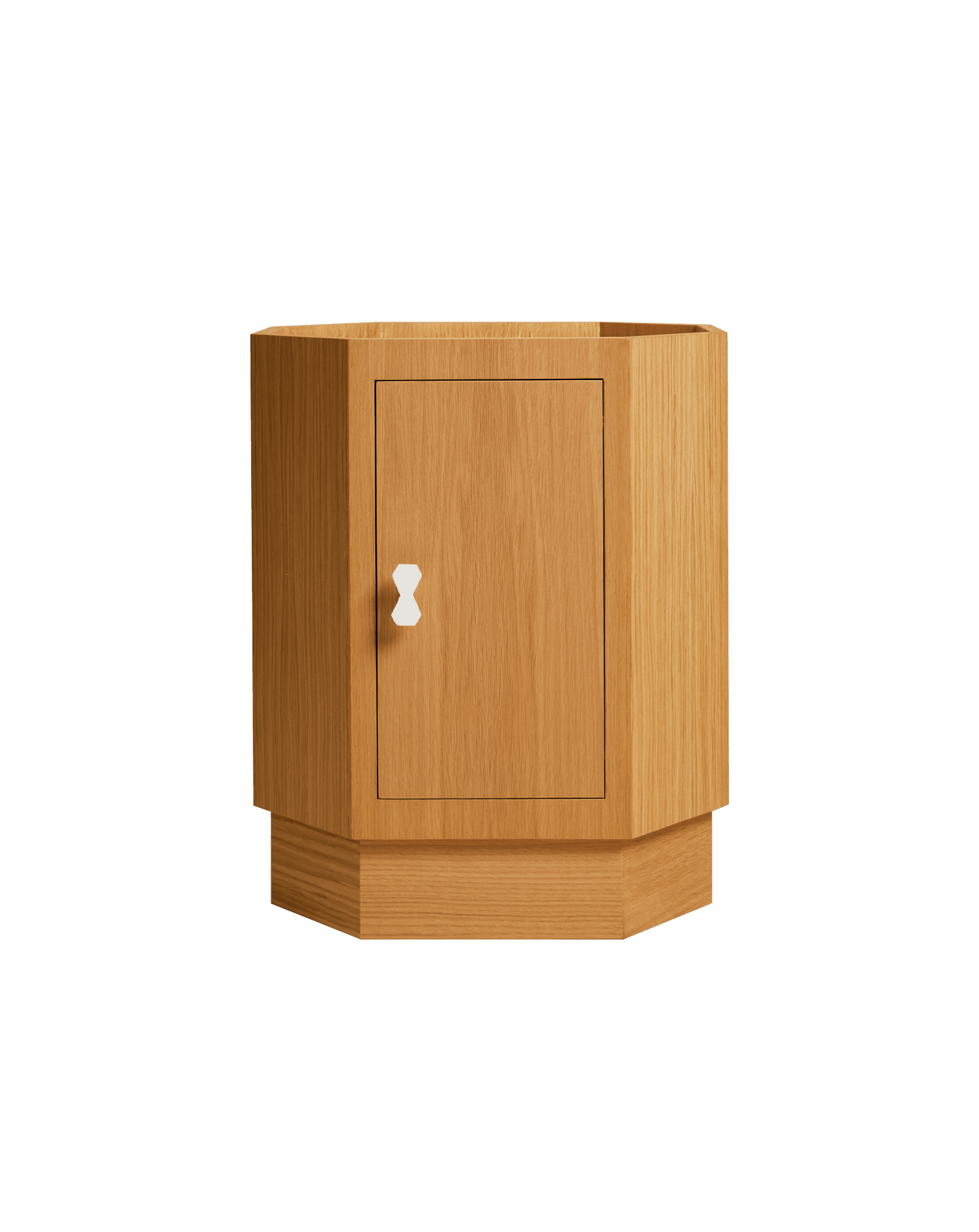 Otto Nightstand L by Studio Ebur - hexagonal oak cabinet with elongated octagonal handle and plinth base
