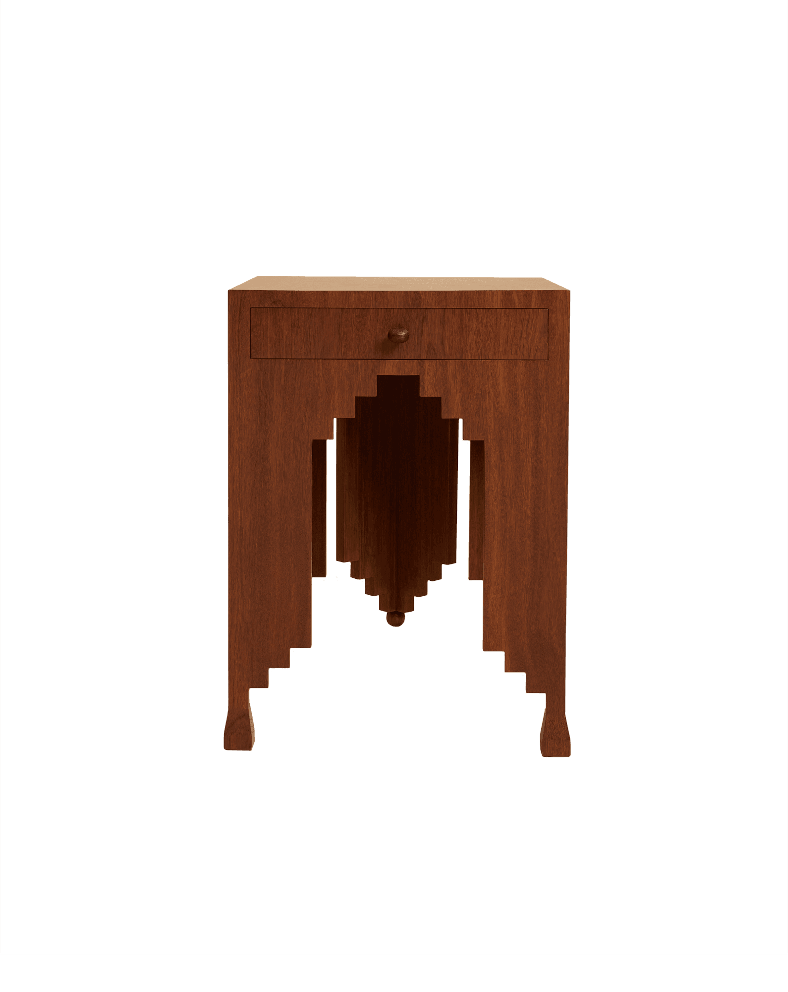 Palmyre side table by Studio Ebur - sucupira wood with stepped inverted arch legs and bronze pull knob