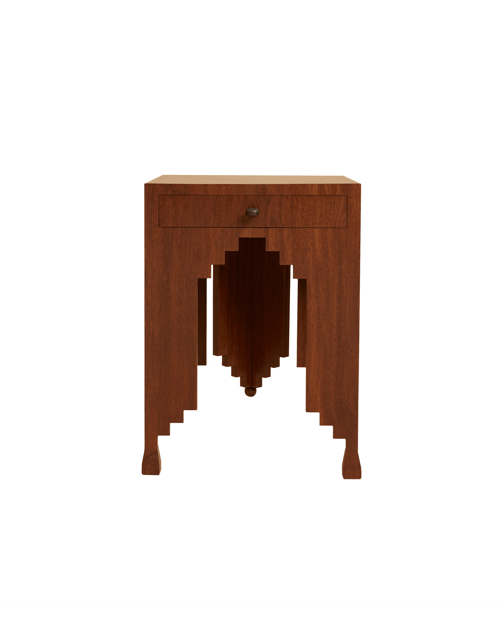 Palmyre side table by Studio Ebur - sucupira wood with stepped inverted arch legs and bronze pull knob